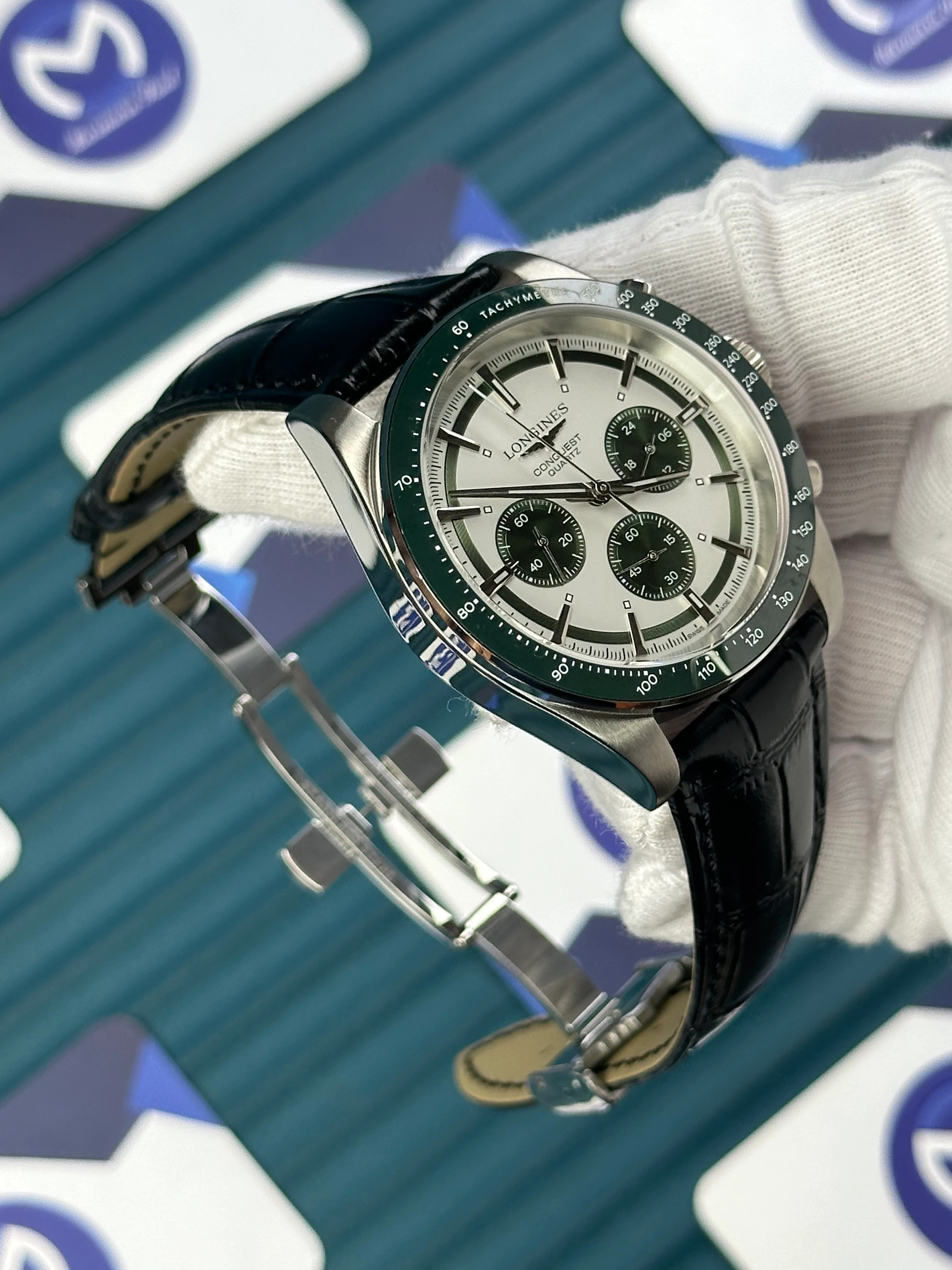 LONGINES CONQUEST AUTOMATIC WHITE DIAL GREEN CHRONOGRAPH BLACK LEATHER 