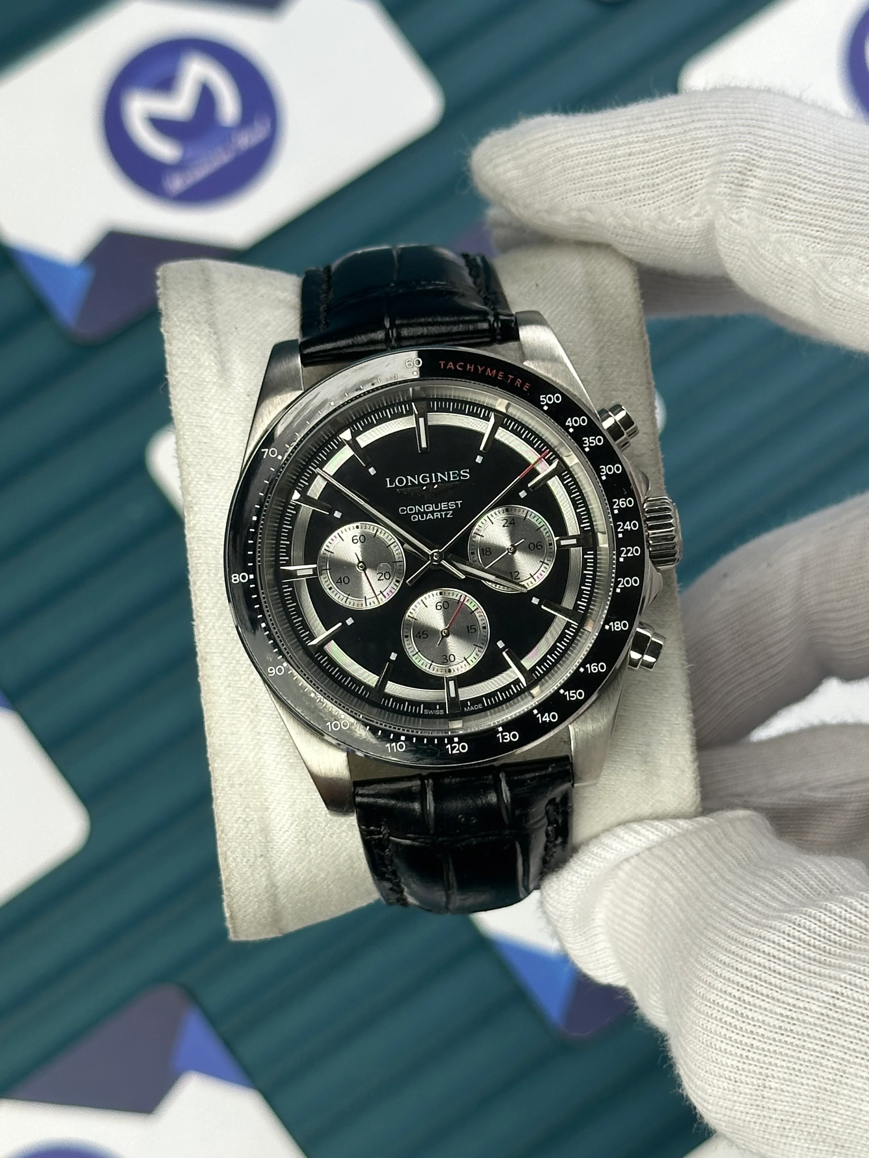 LONGINES CONQUEST AUTOMATIC LIMITED EDITION BLACK DIAL WHITE CHRONOGRAPH BLACK LEATHER 