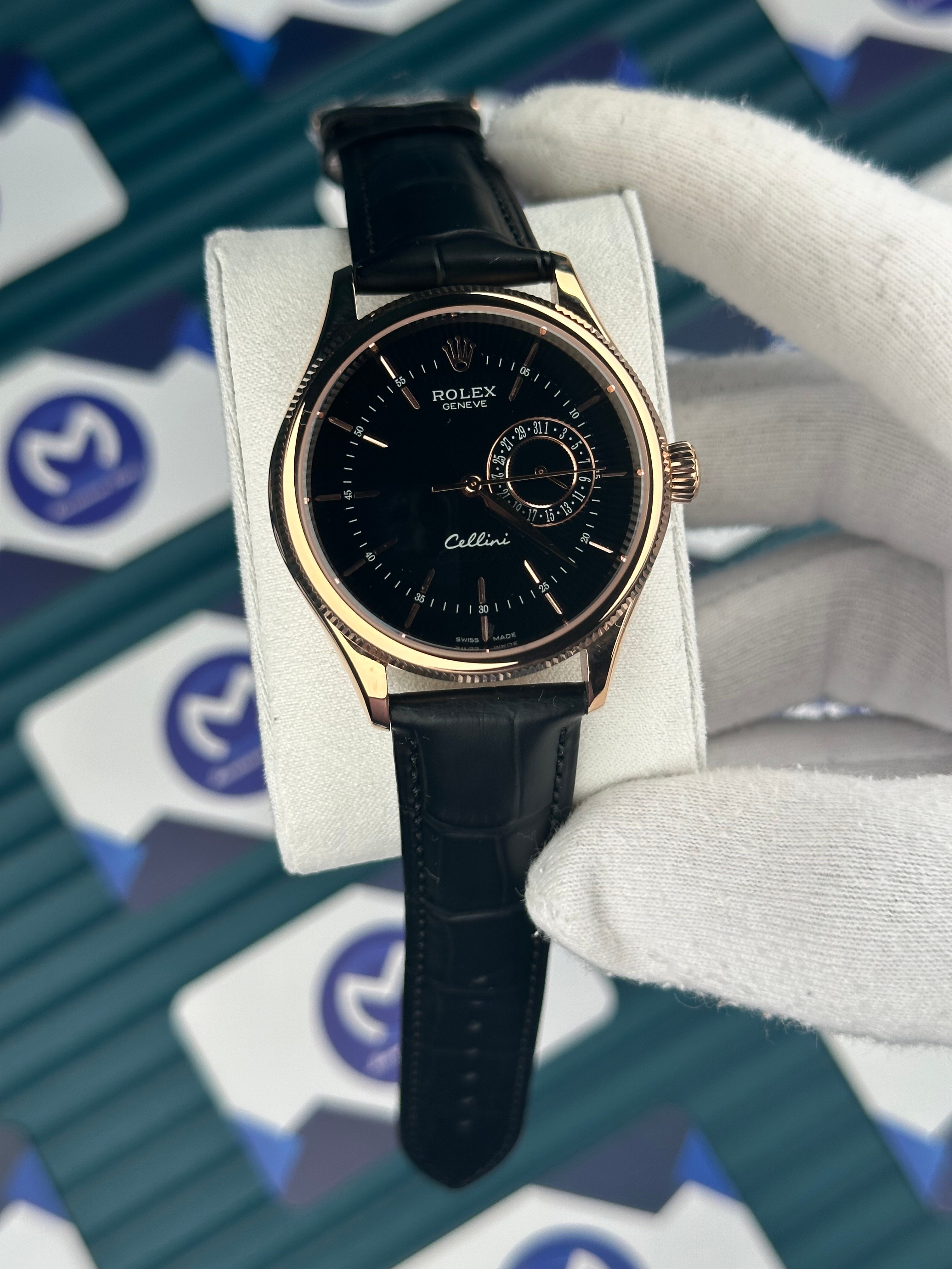 Rolex Cellini Rose Kasa Fonksiyonlu Siyah Deri Kordon