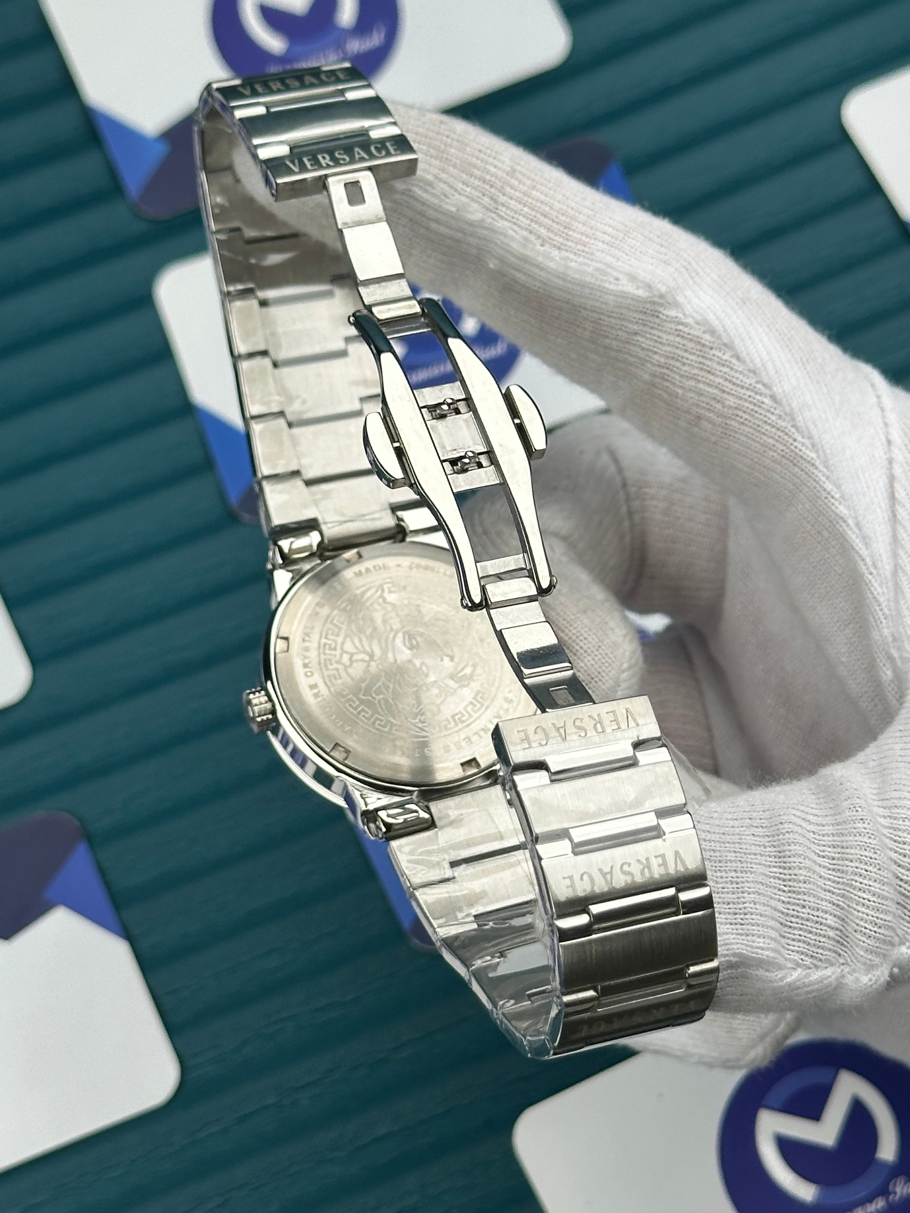 VERSACE 36 BLUE DIAL GOLD INDEX SILVER CORD