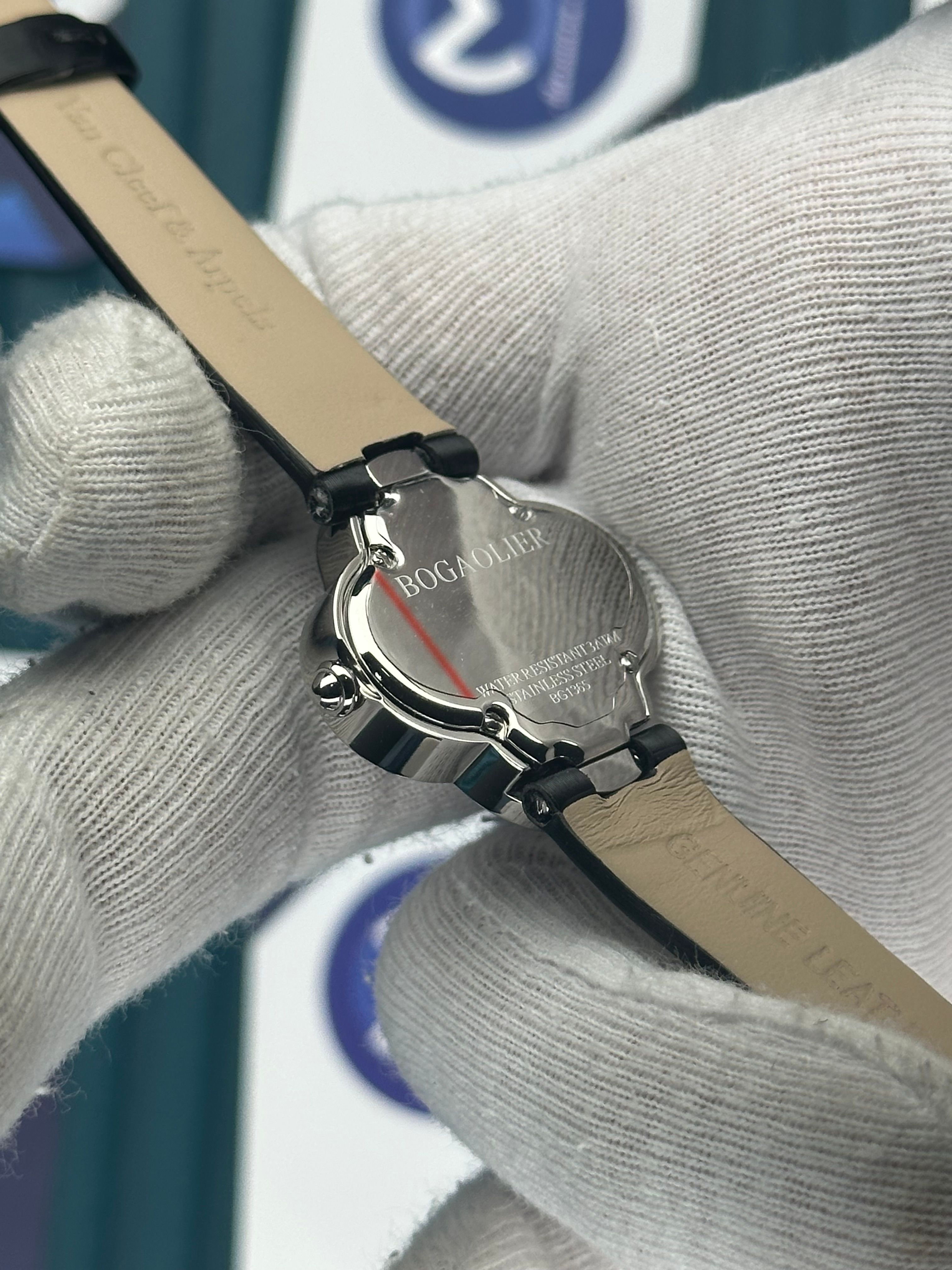 VAN CLEEF & ARPELS BLACK DIAL DIAMOND BEZEL SILVER CASE BLACK LEATHER CORD