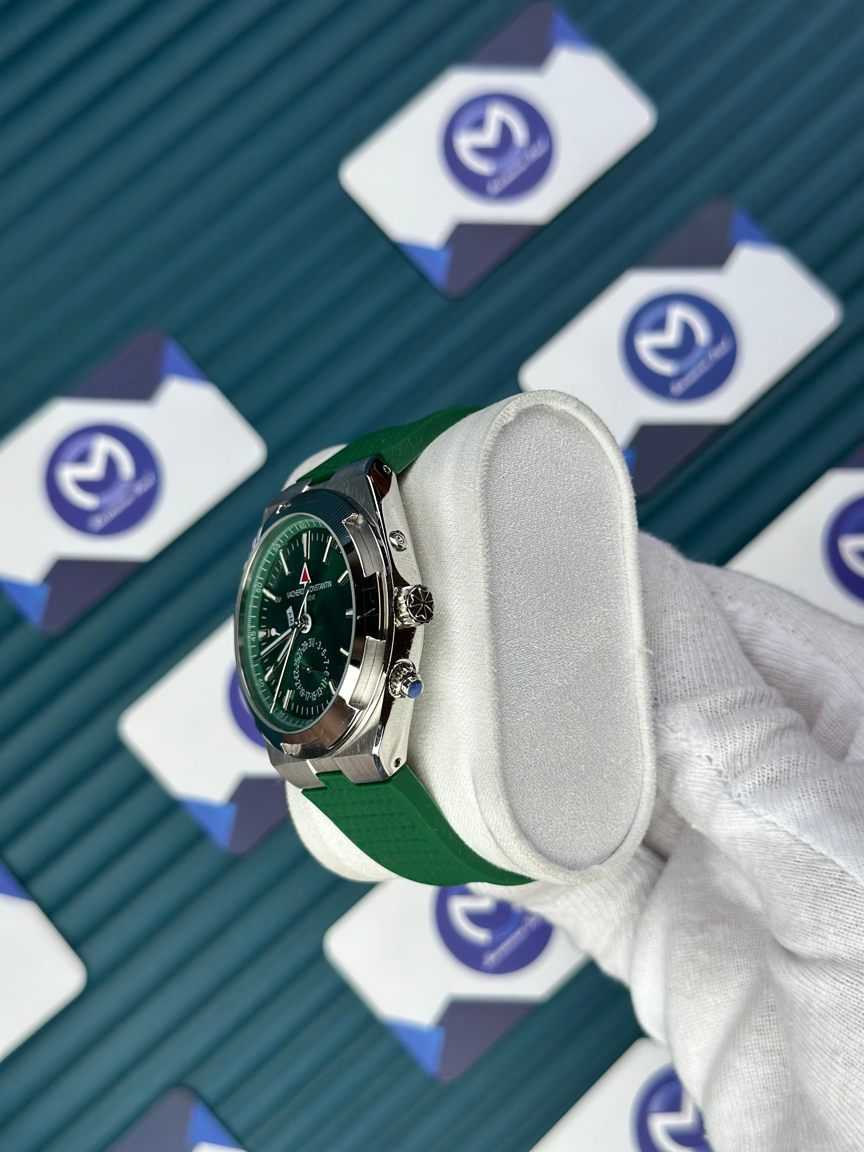 VACHERON CONSTANTIN GREEN DIAL SILVER CASE DUAL TIME OVERSEAS GREEN RUBBER