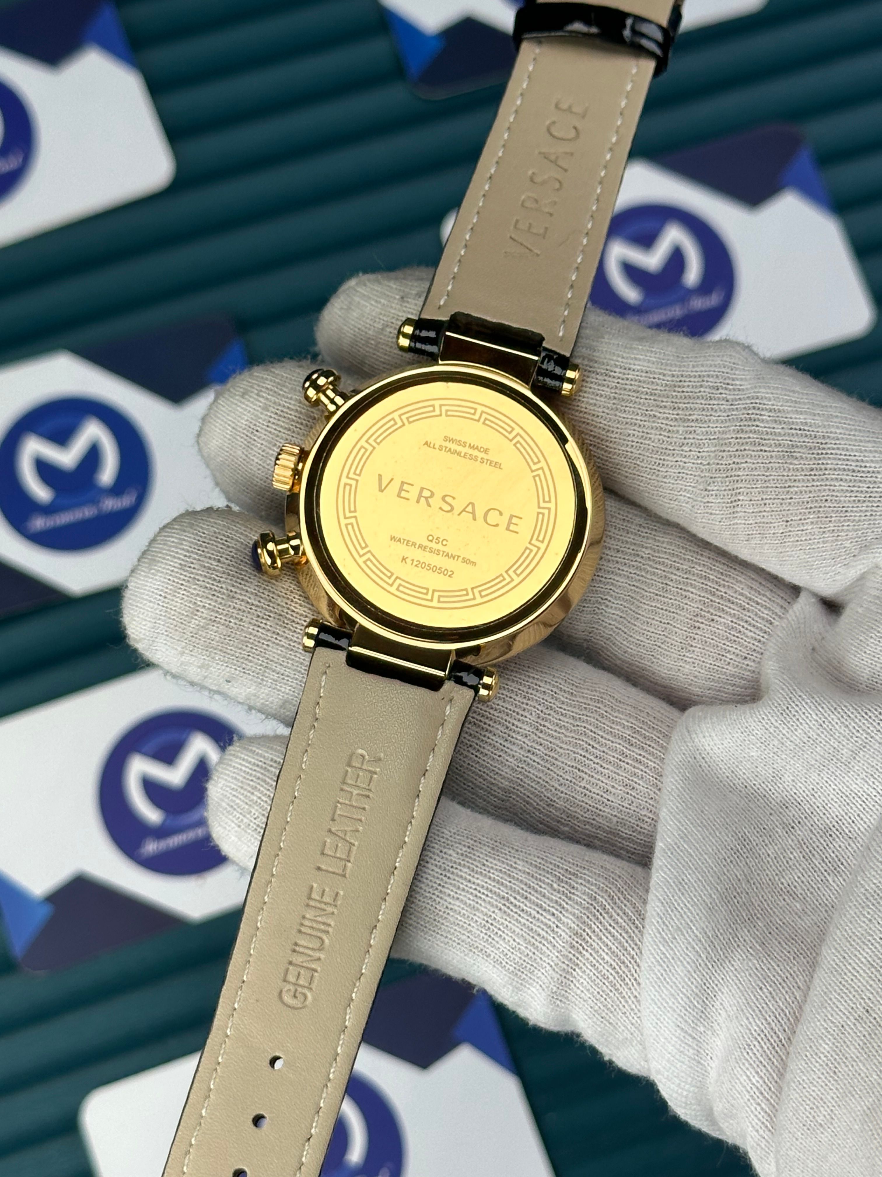 VERSACE 38 BLACK DIAL GOLD CASE DIAMOND BEZEL BLACK LEATHER CORD