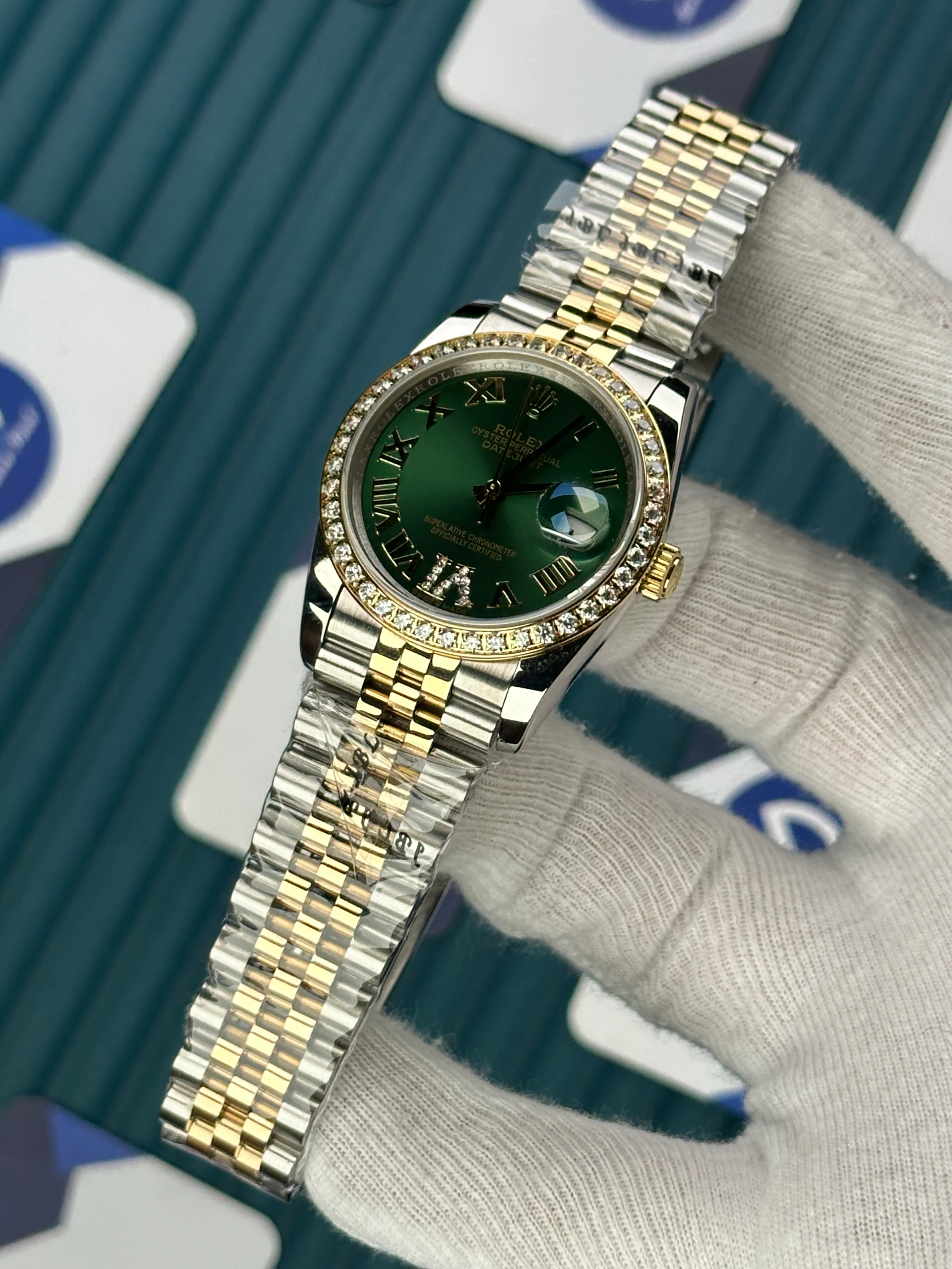 ROLEX 36 MM DATEJUST GREEN DIAL ROMA DIAMOND INDEX DIAMOND BEZEL GOLD-SILVER JUBILE 