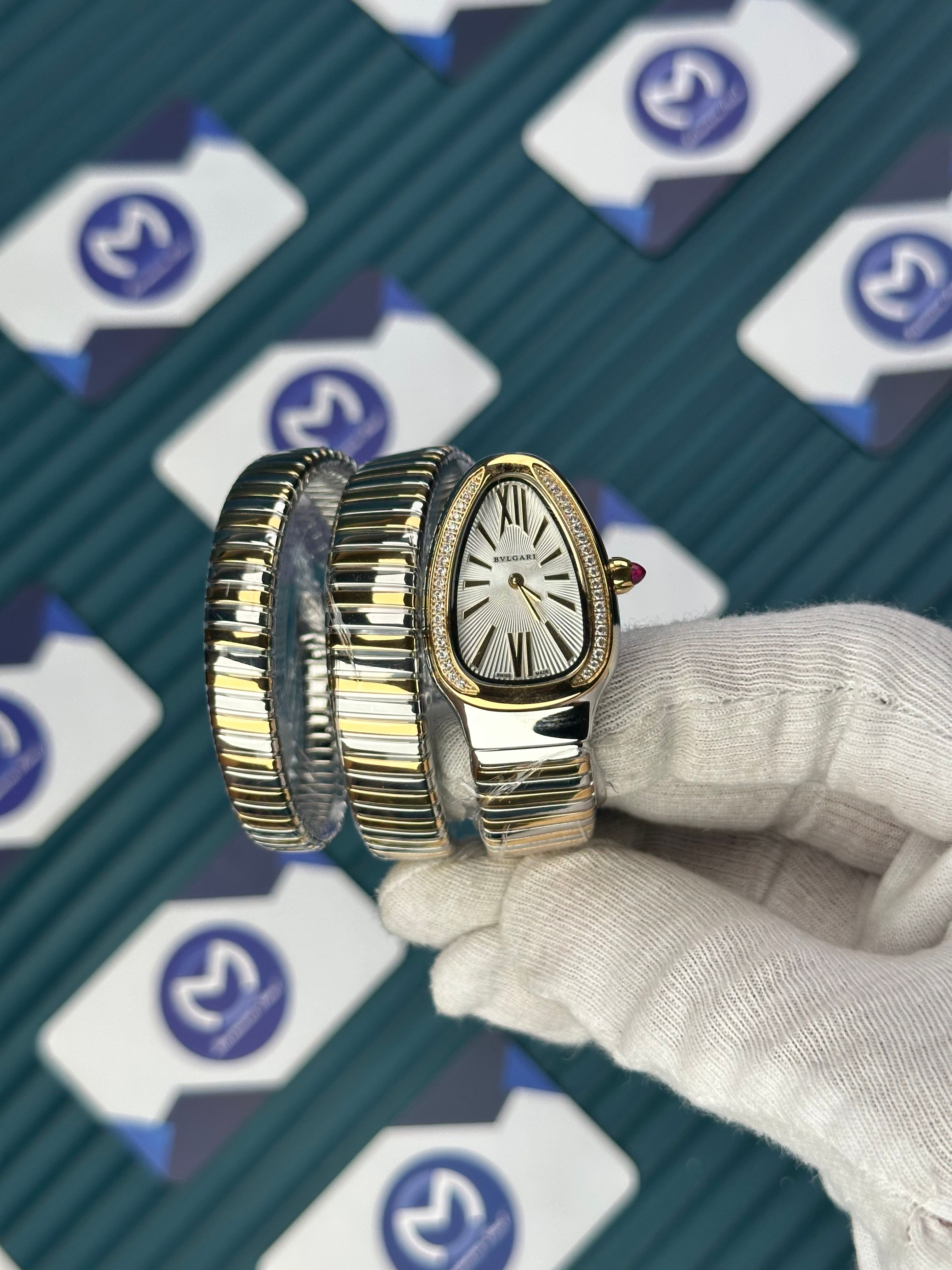 BVLGARI SERPENTI WHITE DIAL DIAMOND BEZEL GOLD-SILVER LONG TUBOGAS