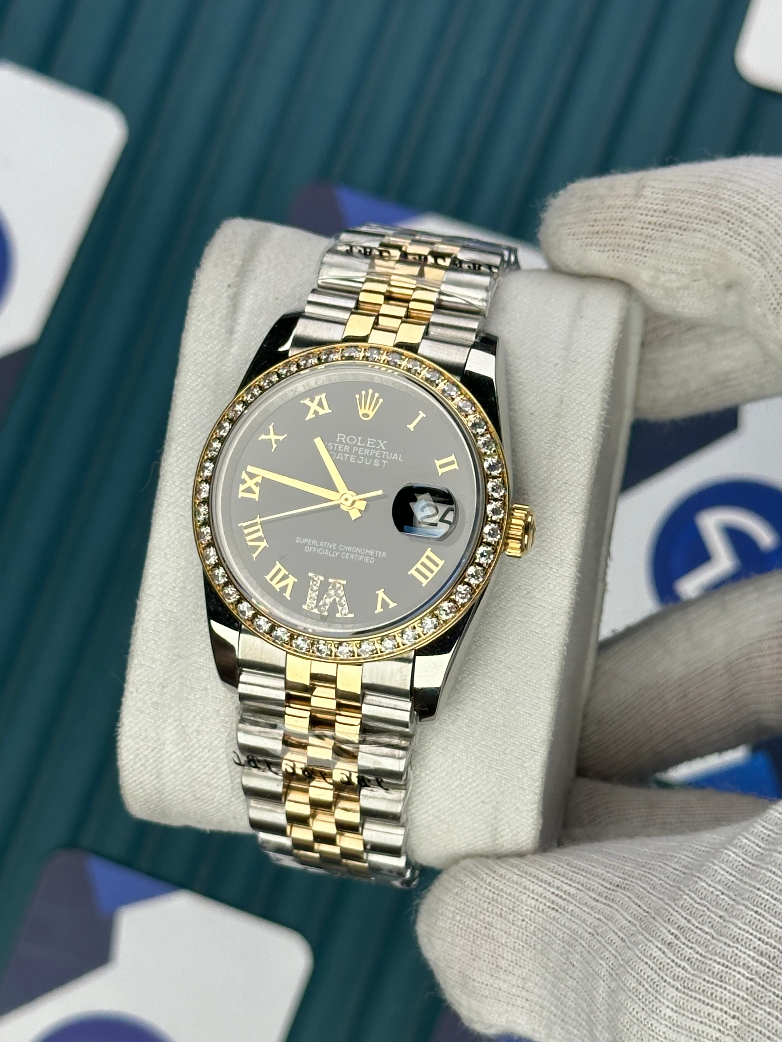 ROLEX 36 MM DATEJUST BLACK DIAL ROMA DIAMOND INDEX DIAMOND BEZEL GOLD-SILVER JUBILE