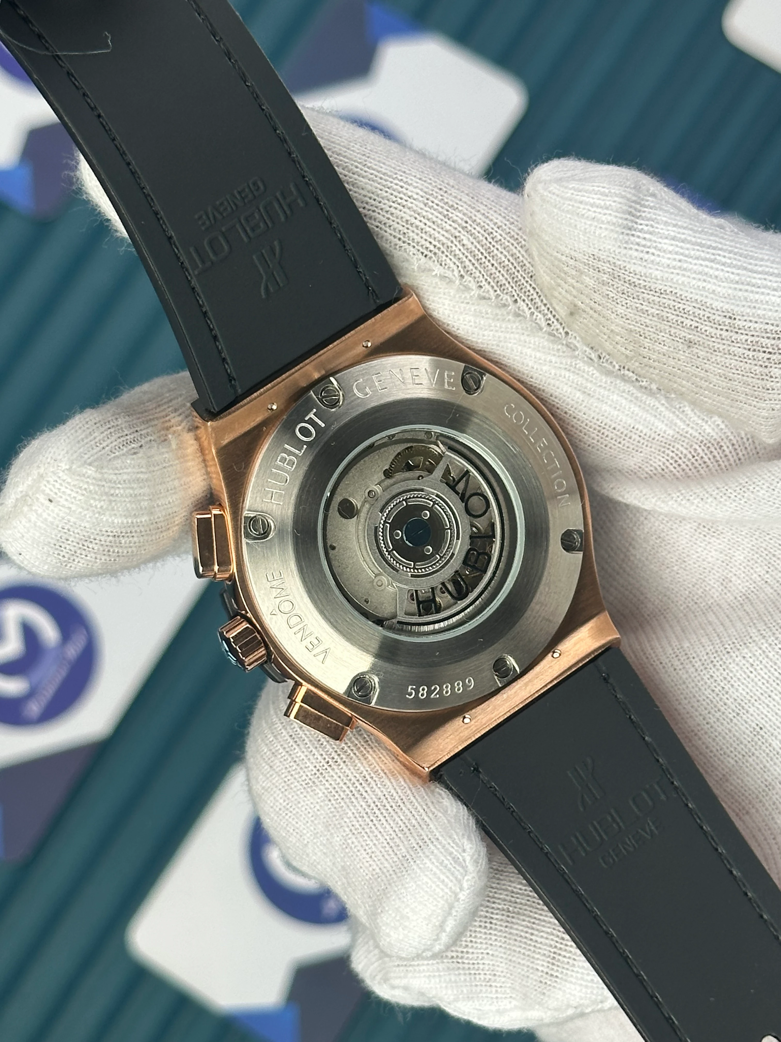 HUBLOT AUTOMATIC CLASSIC FUSHION VENDOME BLACK DIAL ROSE CASE LEATHER BROWN CORD 