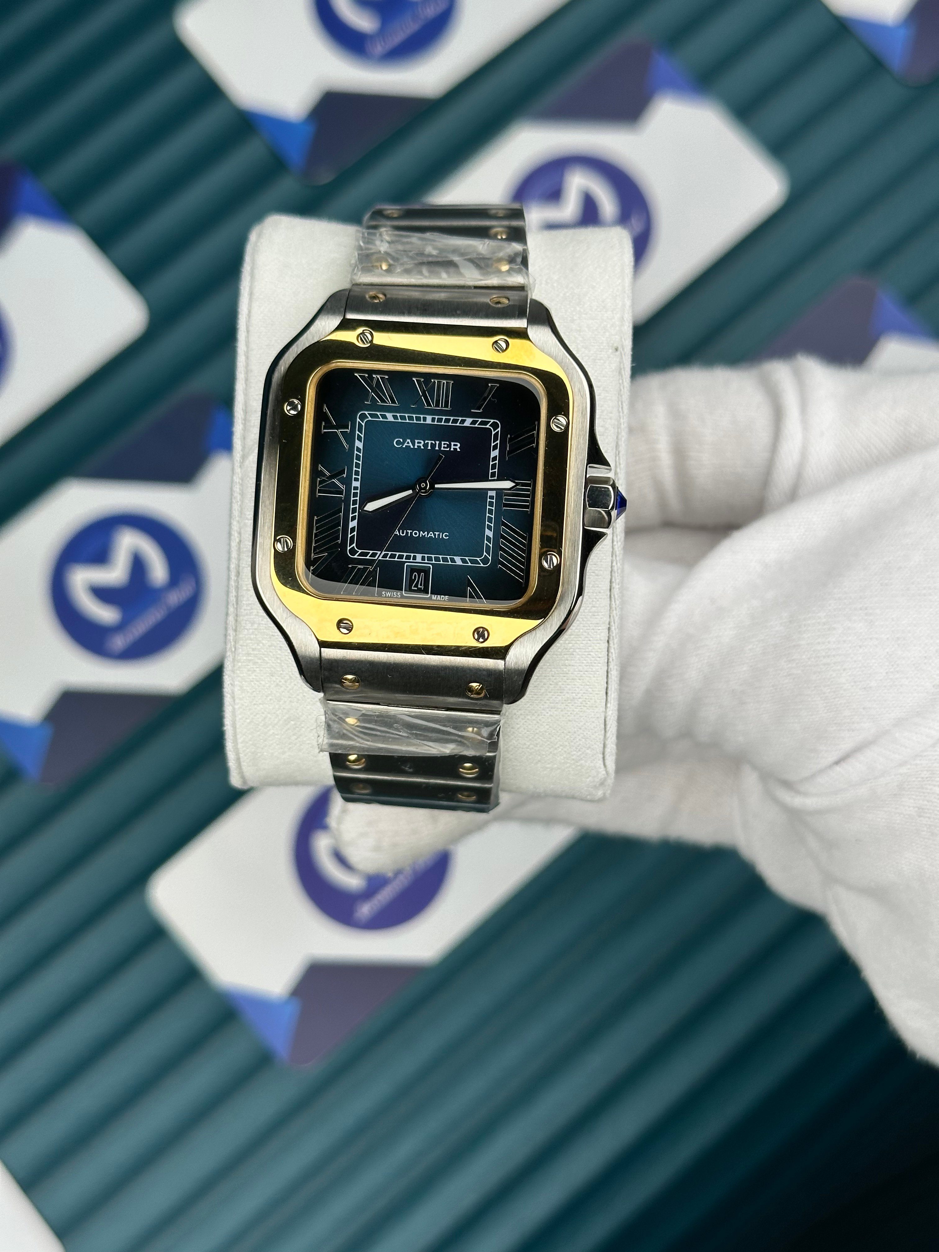 Cartier Santos Gold Bezel Mavi Kadran