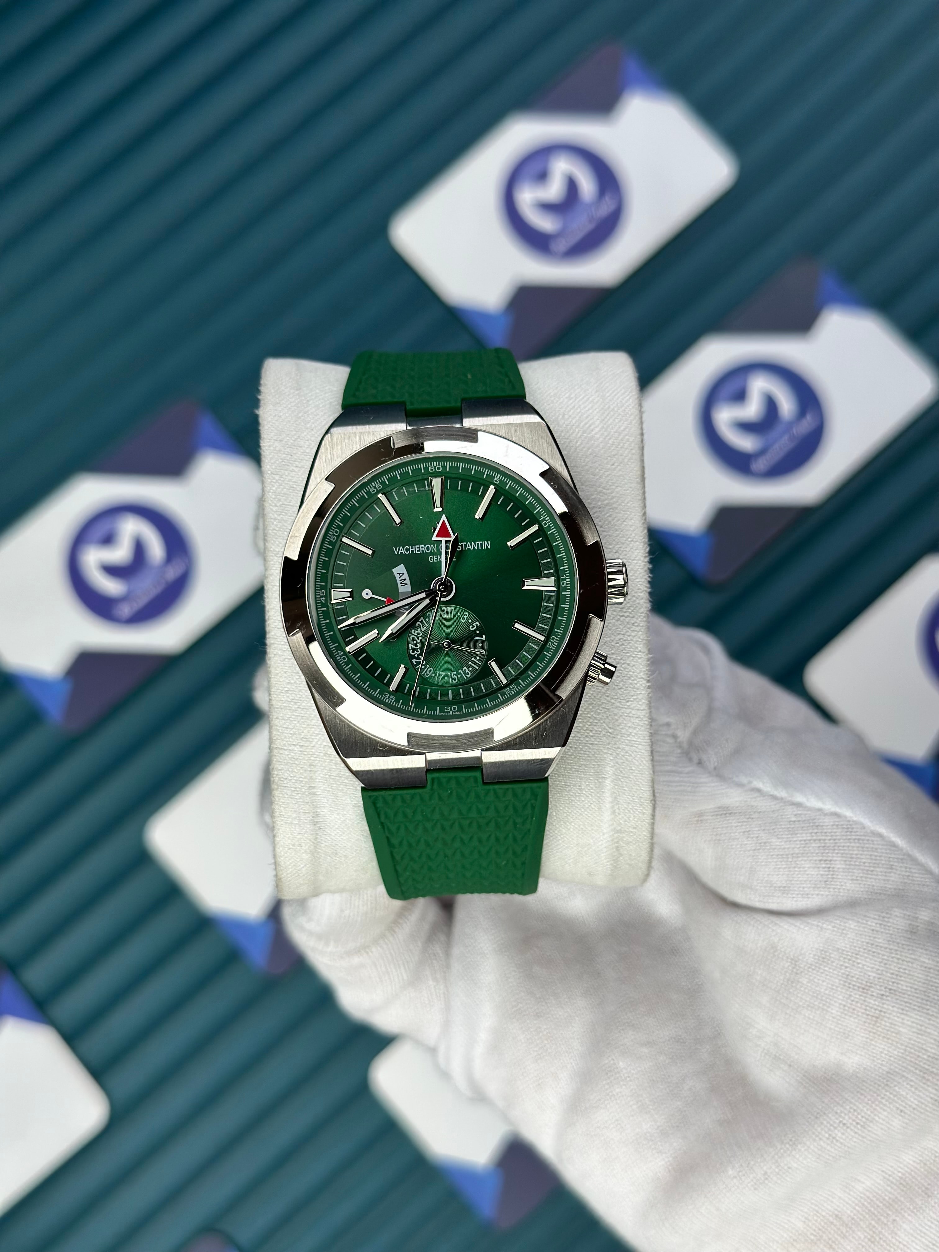 VACHERON CONSTANTIN GREEN DIAL SILVER CASE DUAL TIME OVERSEAS GREEN RUBBER