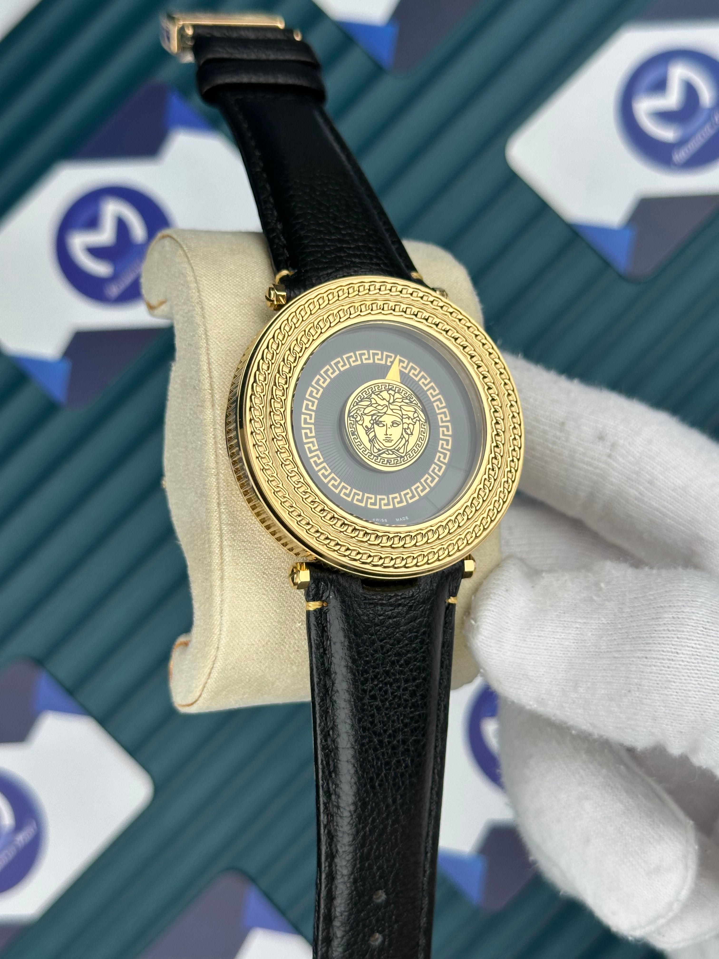 Versace Siyah Deri Kordon Gold Bezel Siyah Kadran