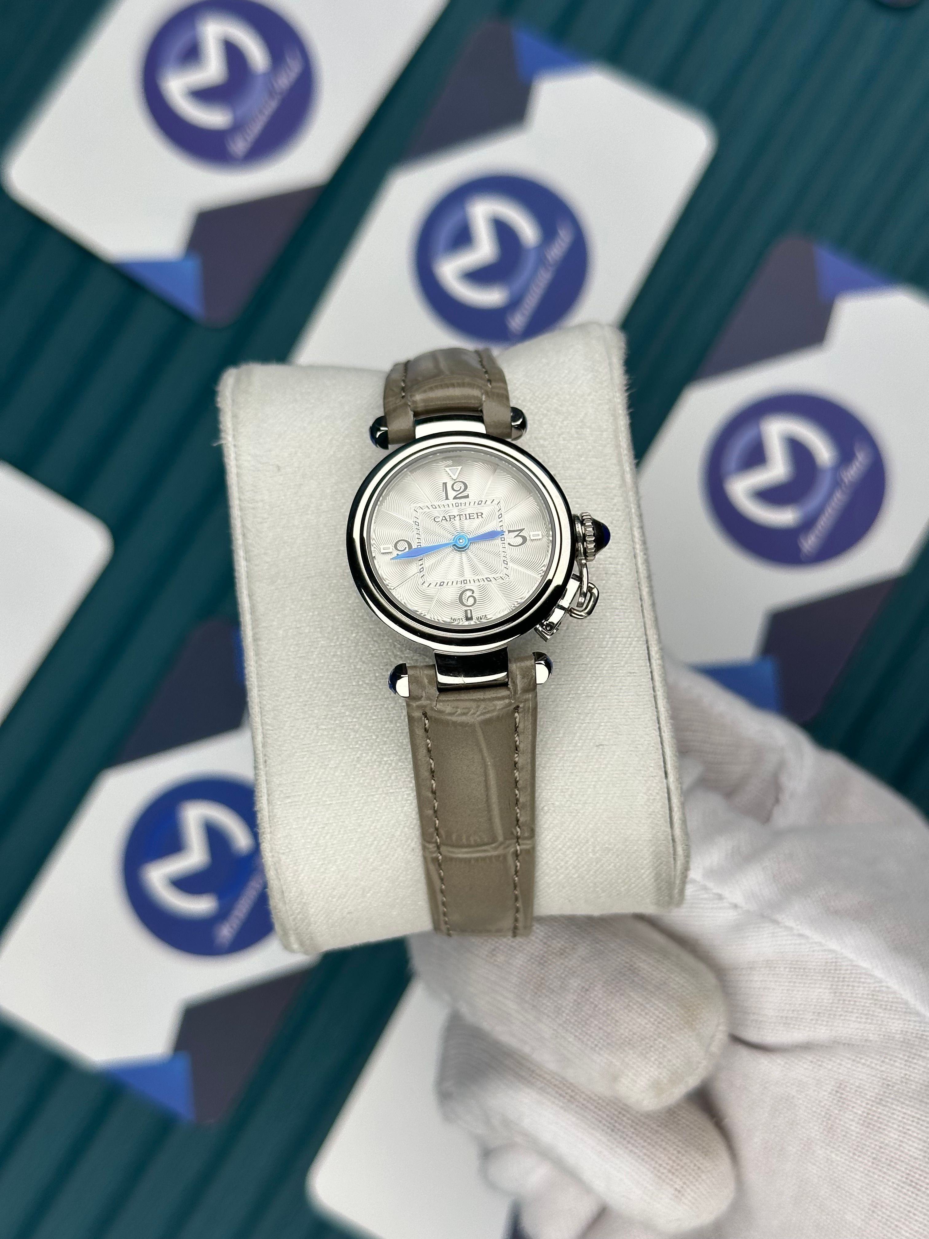 CARTIER PASHA DE CARTIER WHITE DIAL SILVER CASE CREAM LEATHER CORD