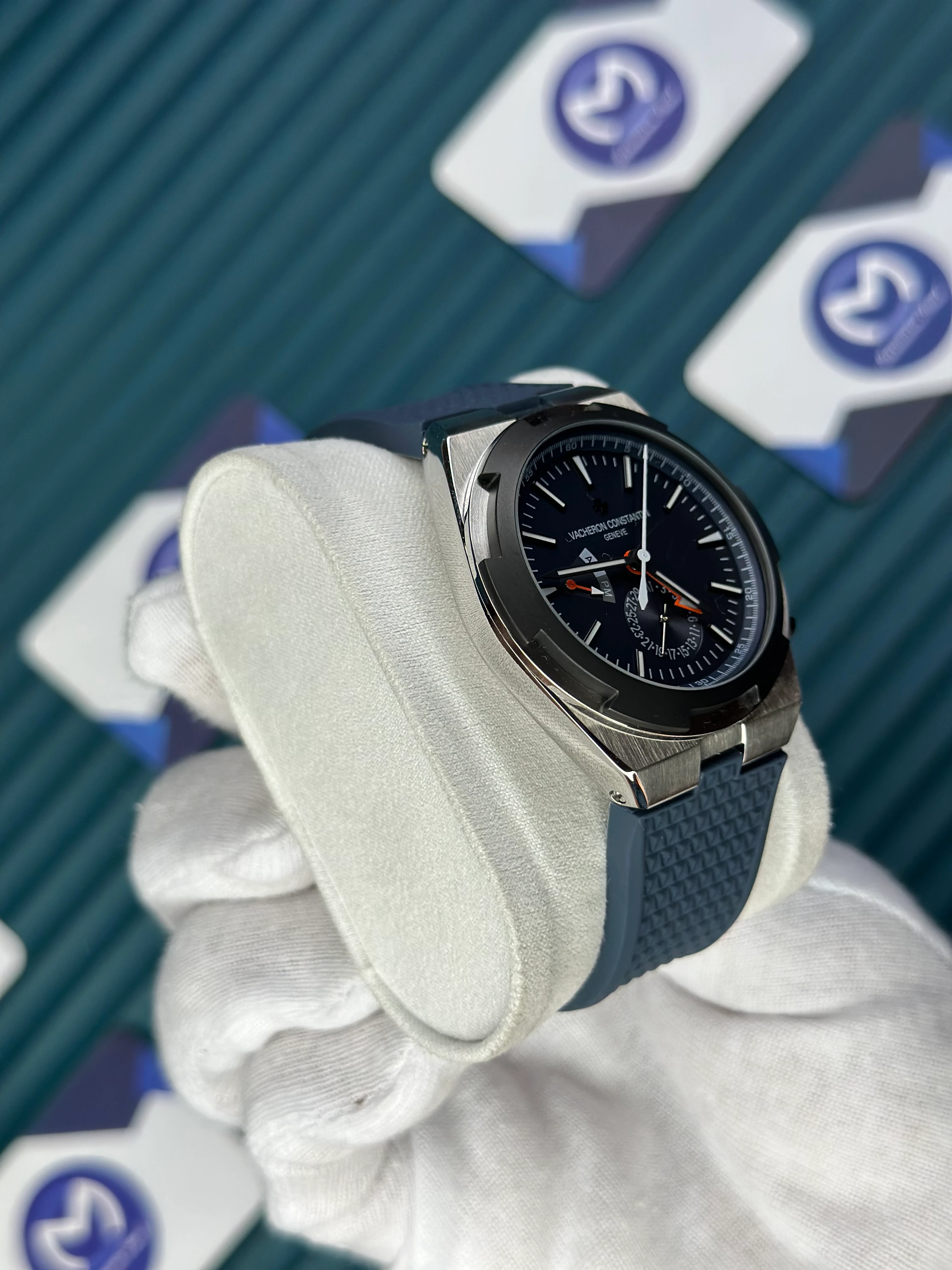 VACHERON CONSTANTIN BLUE DIAL SILVER CASE BLACK BEZEL DUAL TIME NAVY BLUE RUBBER 