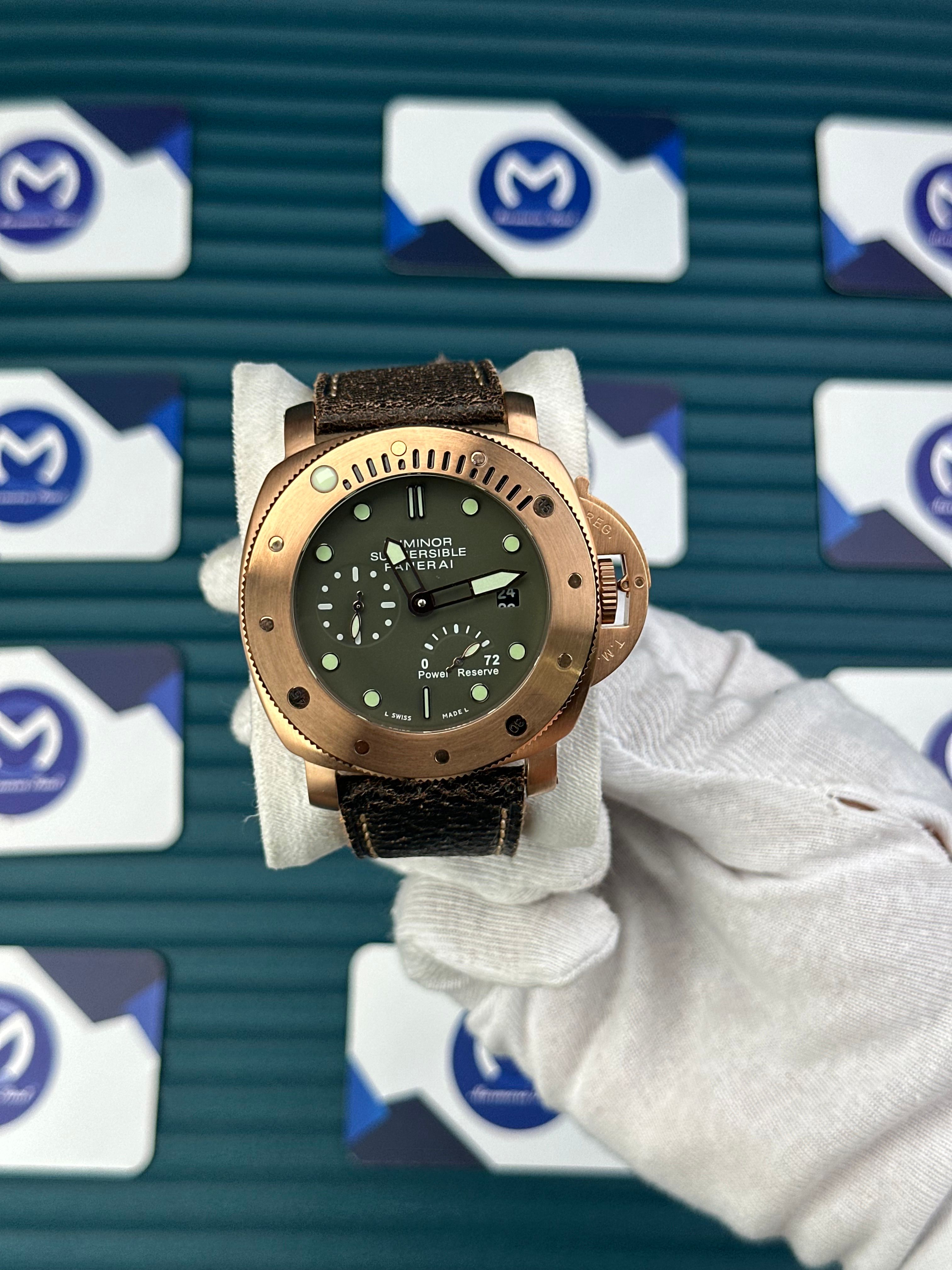 LUMINOR SUBMERSIBLE PANERAI GREEN DIAL ROSE CASE BROWN LEATHER CORD