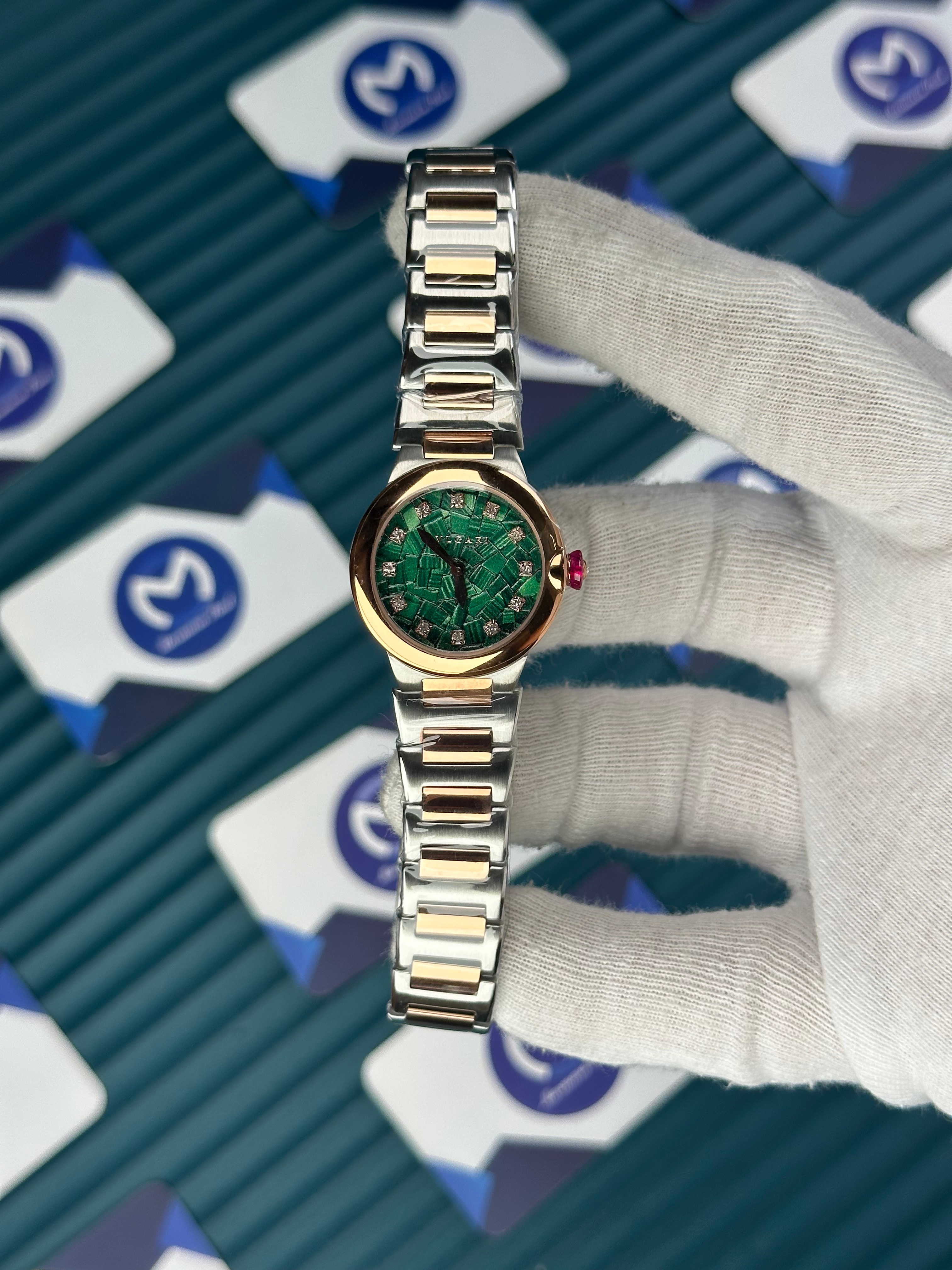 BVLGARI GREEN PATTERNED DIAL DIAMOND INDEX ROSE BEZEL ROSE-SILVER BRACELET