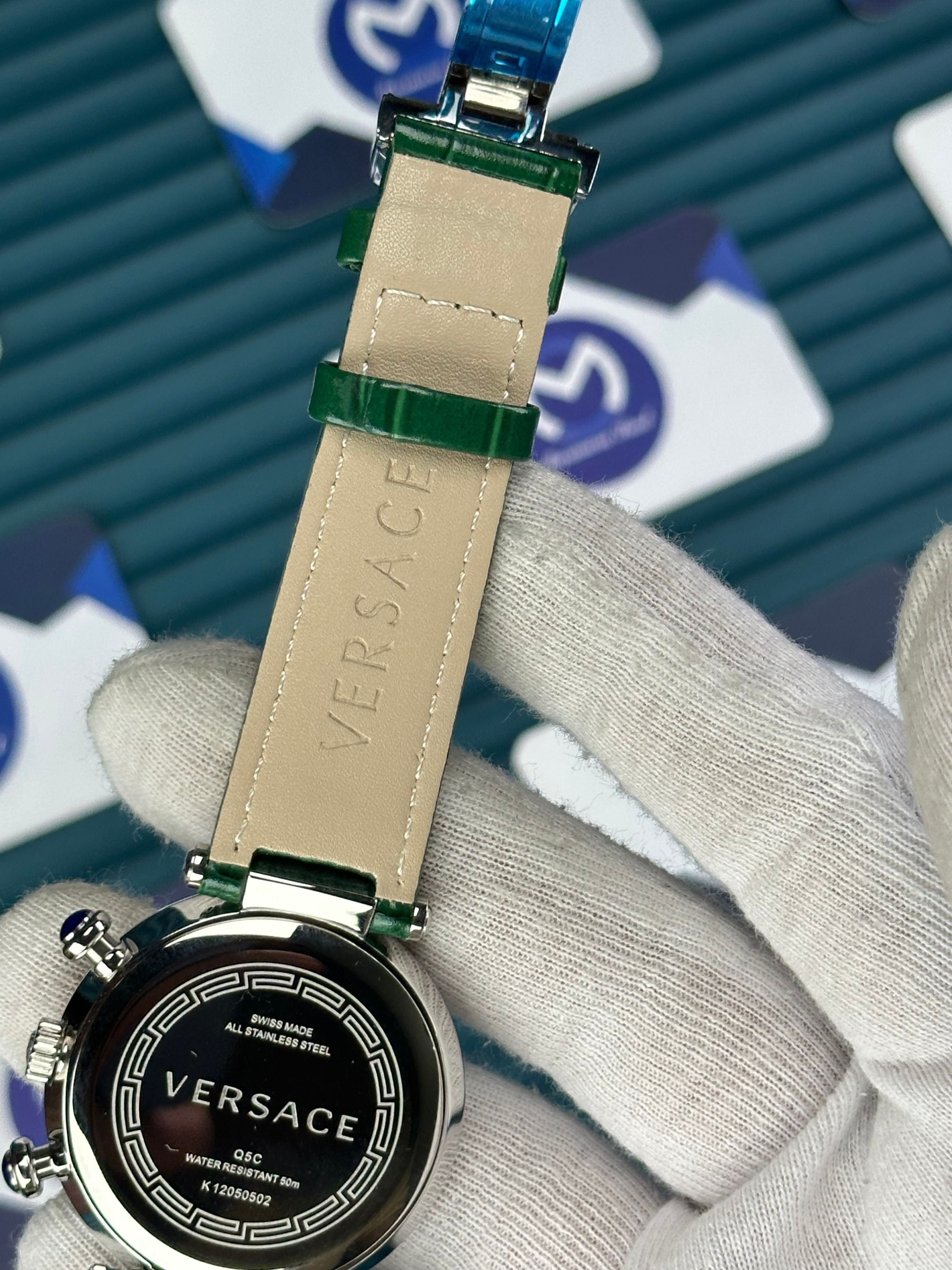 VERSACE 38 GREEN DIAL DIAMOND BEZEL SILVER CASE GREEN LEATHER CORD