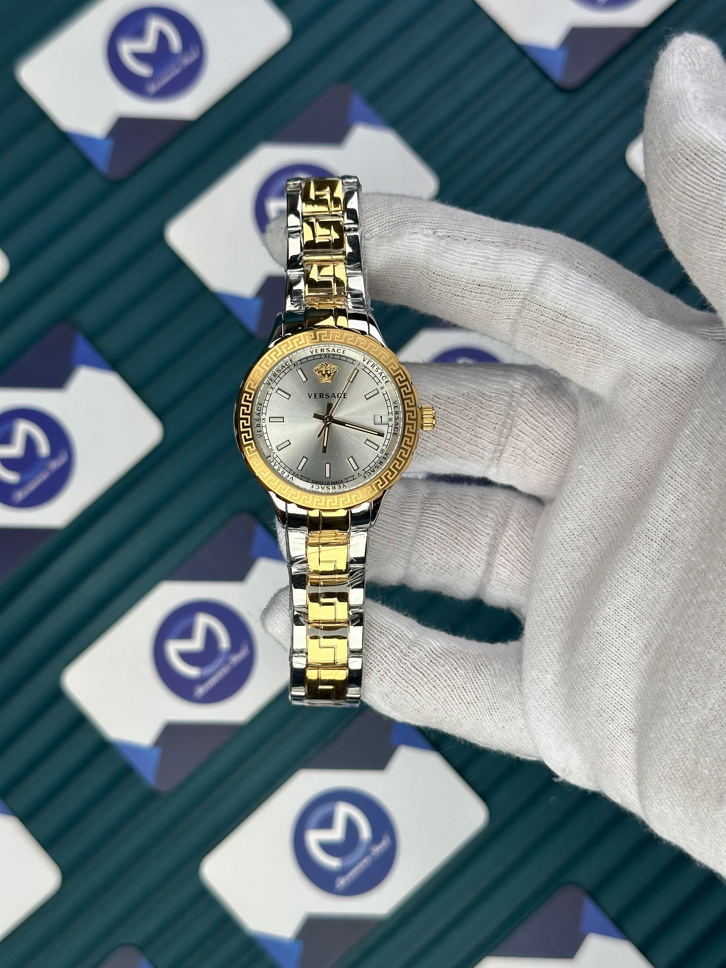 VERSACE 36 WHITE DIAL GOLD-SILVER CORD 