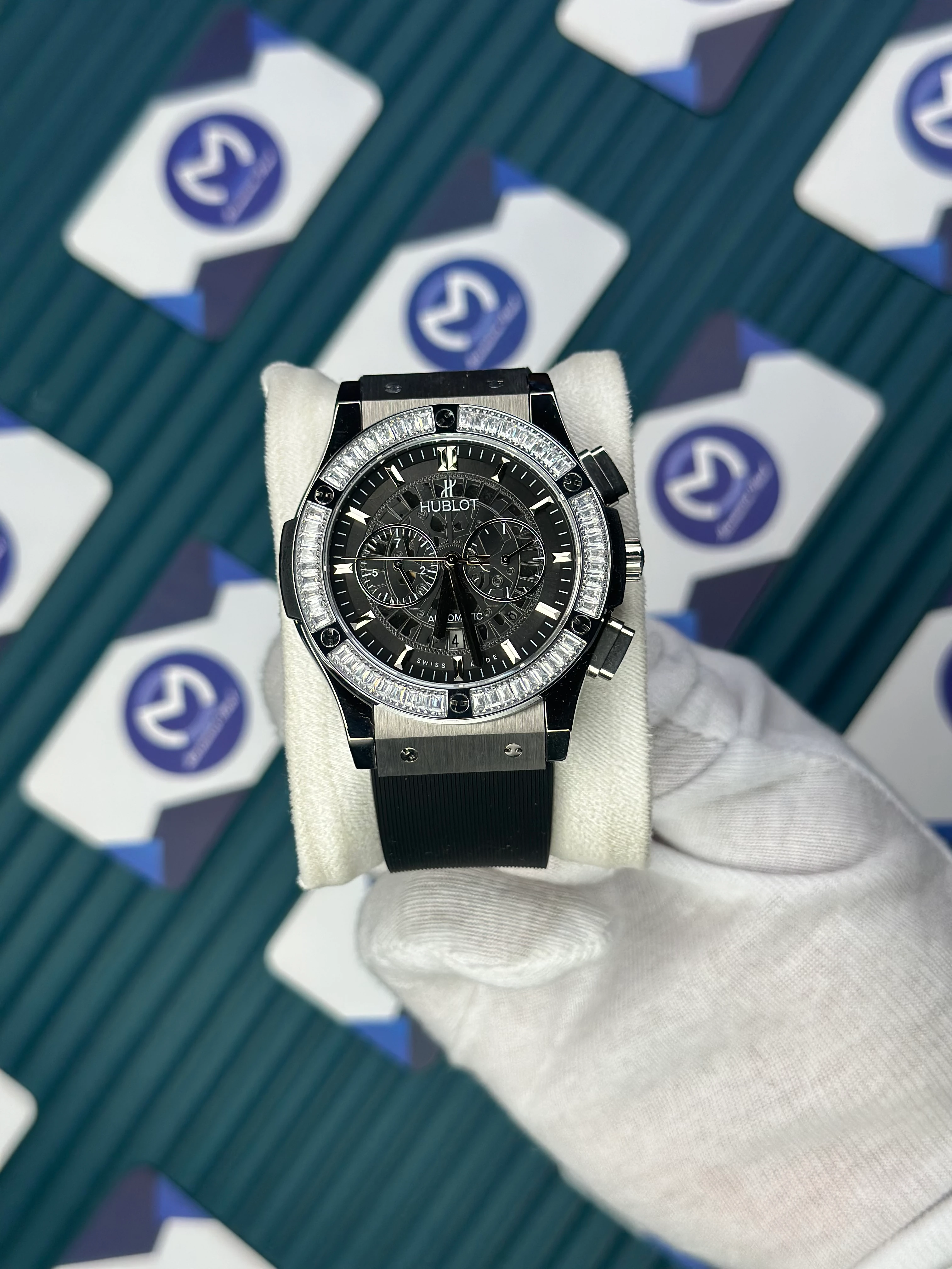 HUBLOT AUTOMATIC SKELETON DIAL DIAMOND BEZEL SILVER CASE BLACK RUBBER CORD 