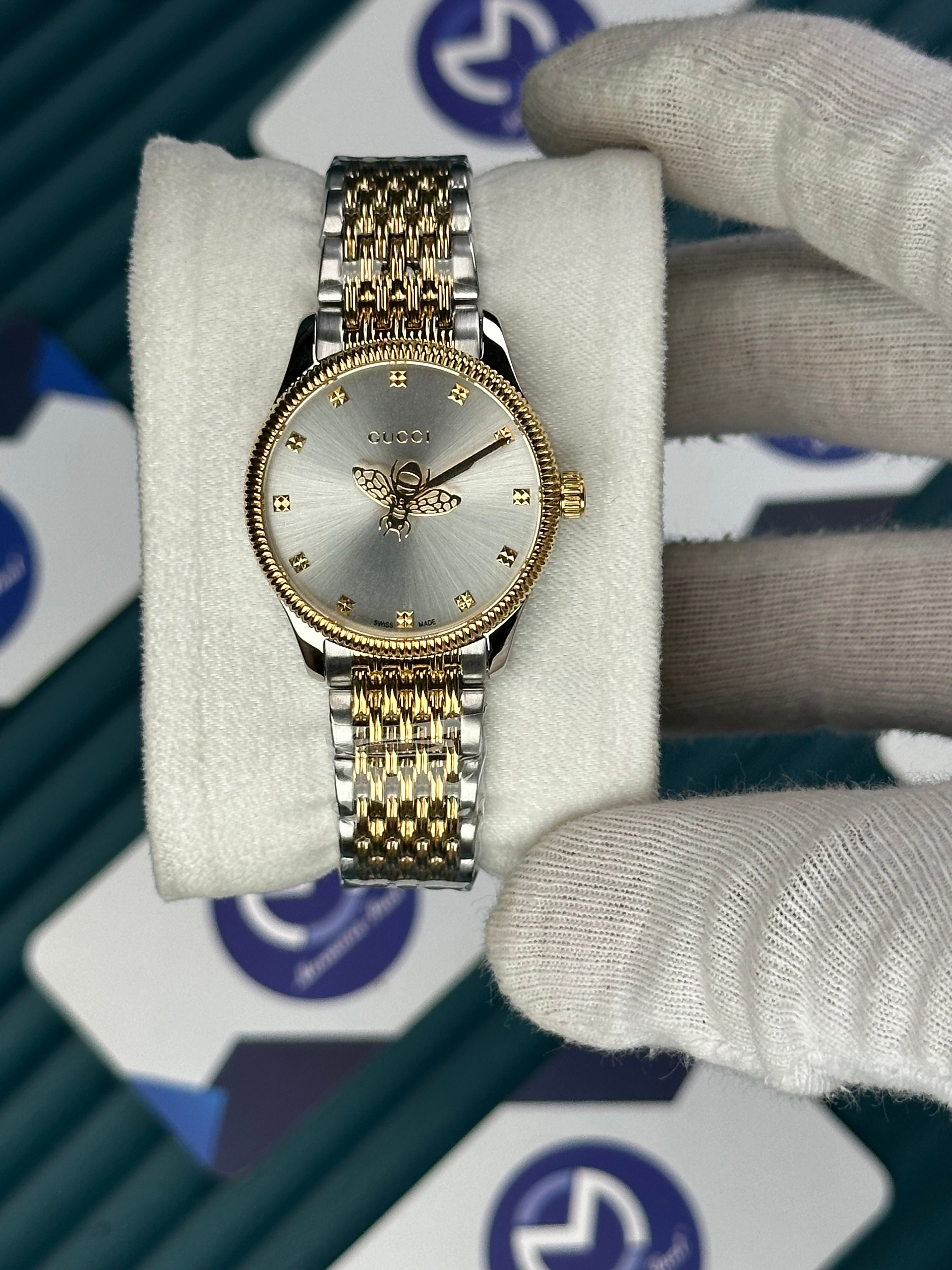 GUCCI WHITE DIAL SPINNING BUTTERFLY GOLD-SILVER