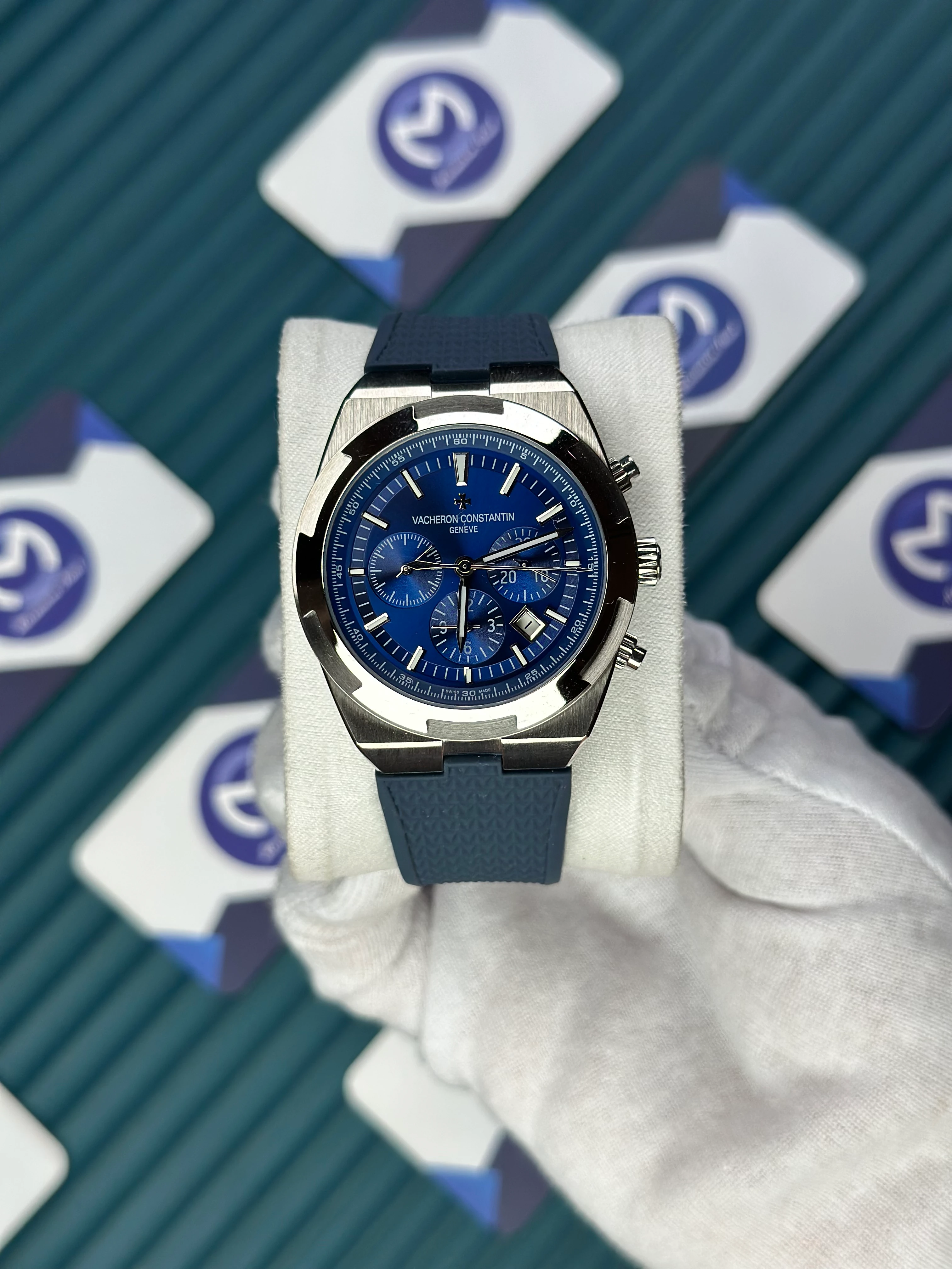 VACHERON CONSTANTIN BLUE DIAL SILVER CASE CHRONOGRAPH OVERSEAS NAVY BLUE RUBBER