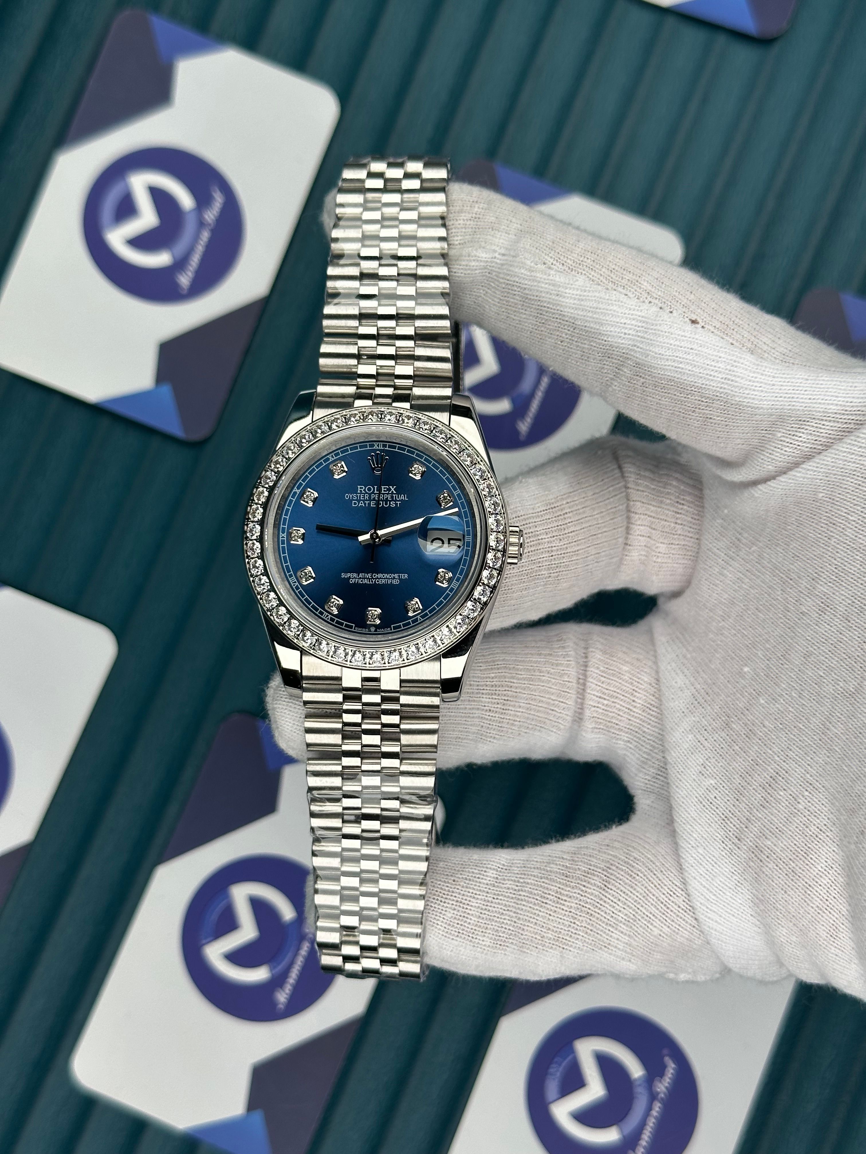 ROLEX DATEJUST BLUE DIAL DIAMOND INDEX AND BEZEL SILVER JUBILE