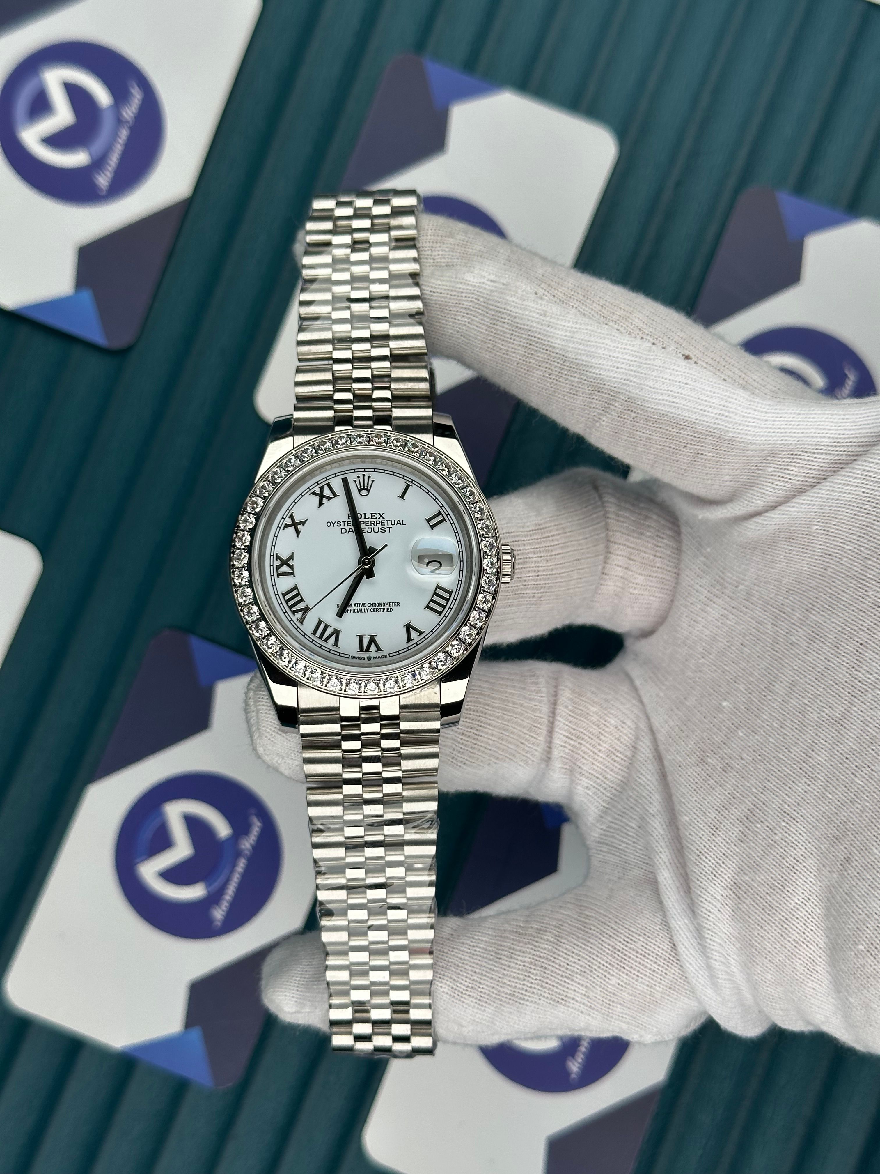 ROLEX DATEJUST WHITE DIAL ROMA INDEX DIAMOND BEZEL SILVER JUBILE
