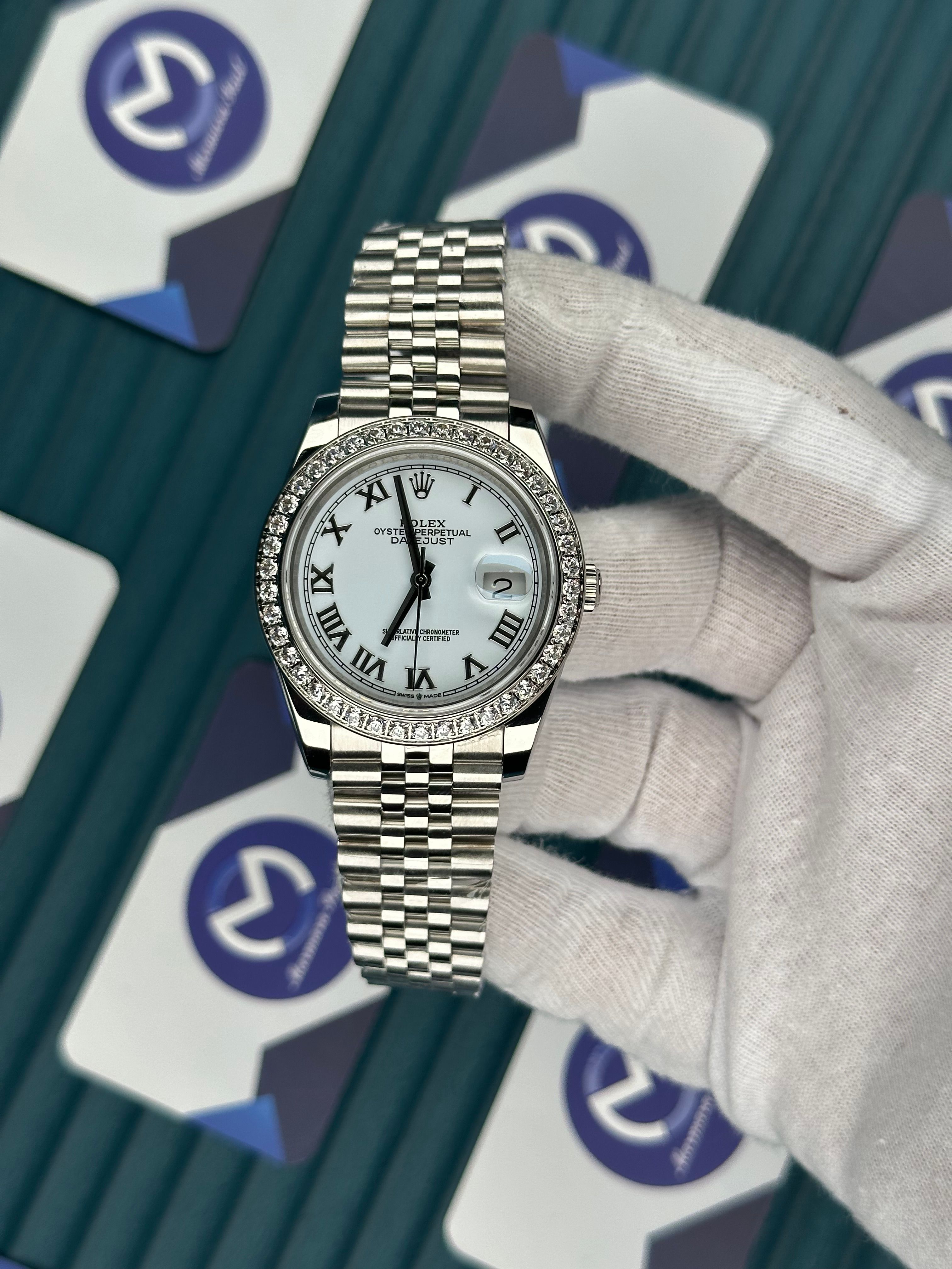 ROLEX DATEJUST WHITE DIAL ROMA INDEX DIAMOND BEZEL SILVER JUBILE