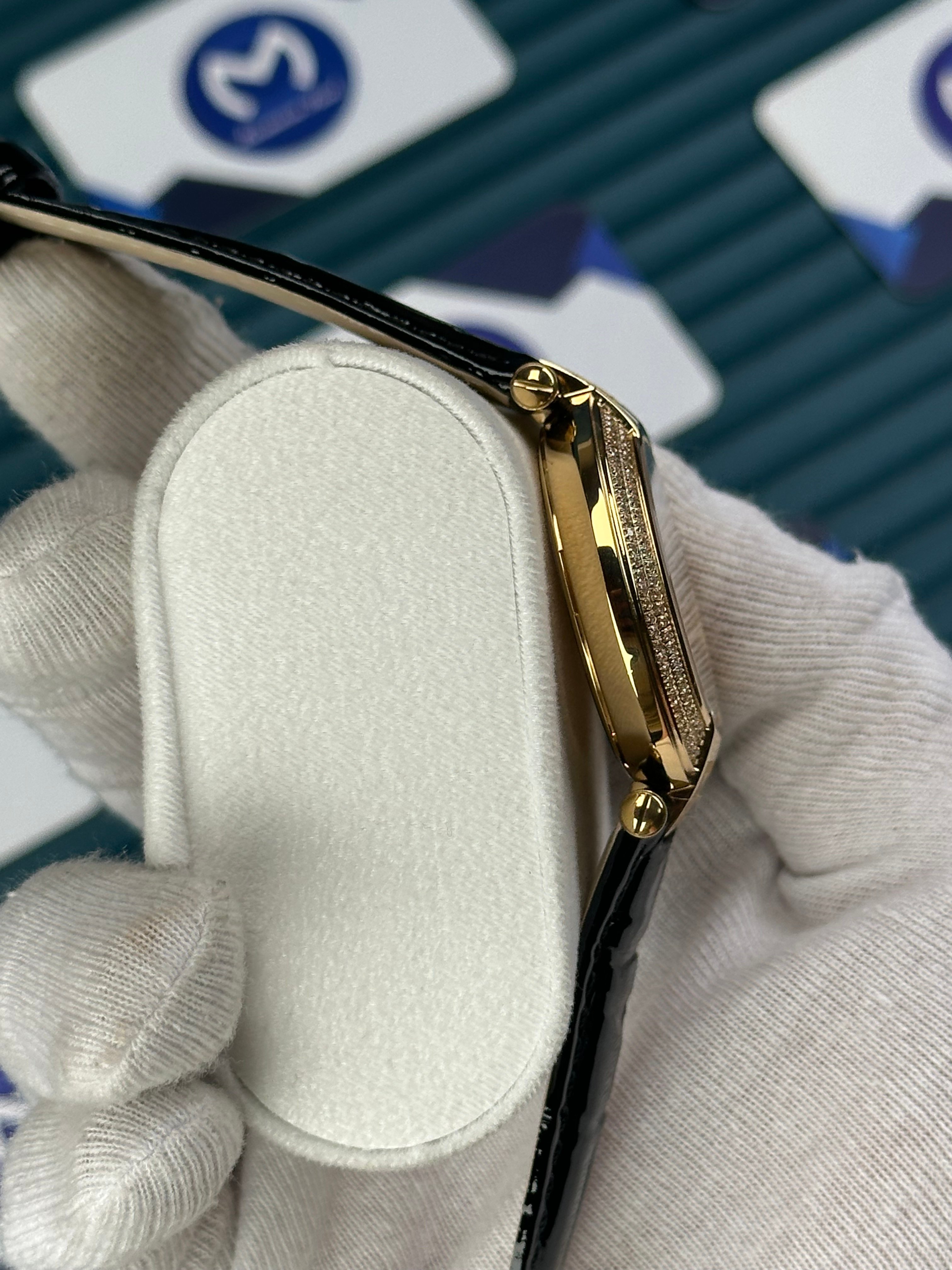 VERSACE 38 BLACK DIAL GOLD CASE DIAMOND BEZEL BLACK LEATHER CORD