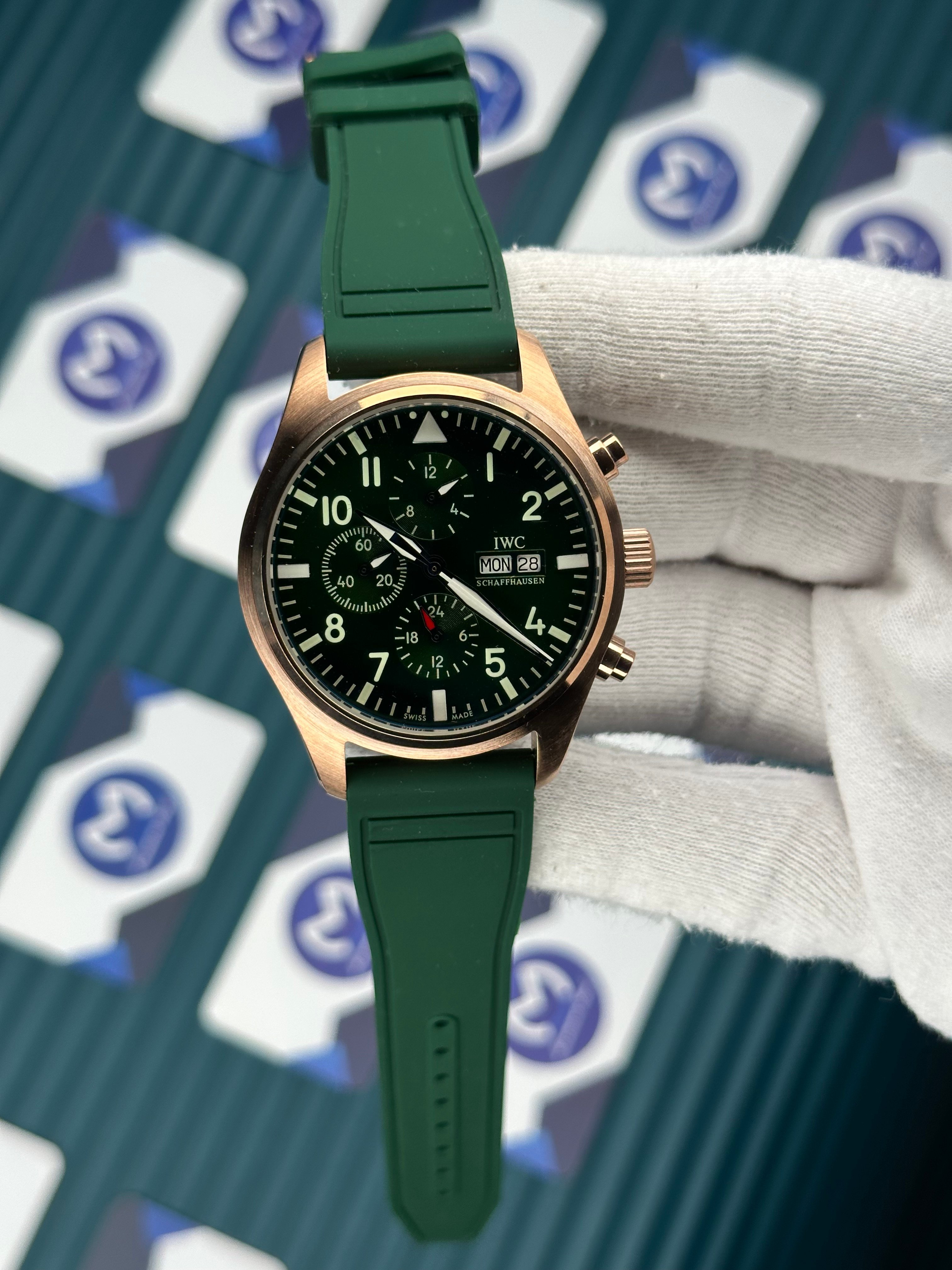 IWC Schaffhausen Green Cord Rose Case Chronograph Automatic