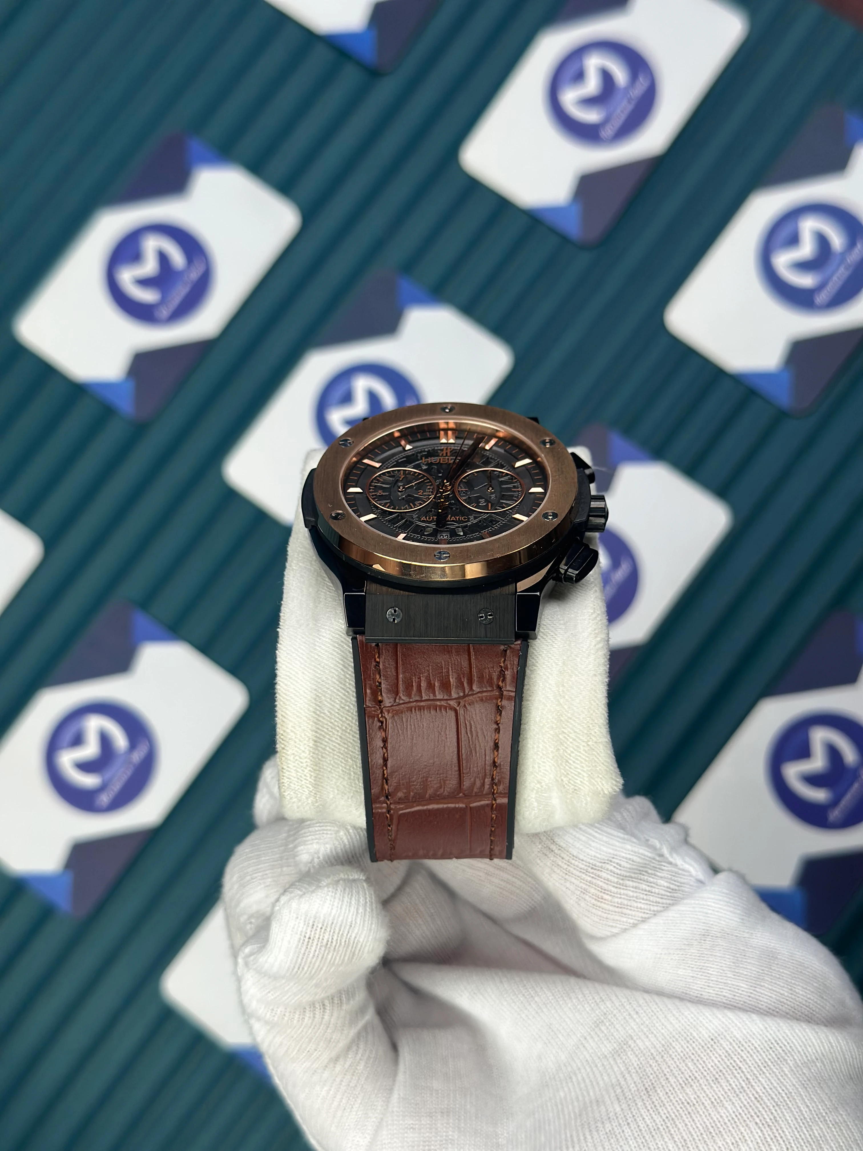 HUBLOT AUTOMATIC CHRONOGRAP SKELETON ROSE BEZEL BLACK CASE BROWN LEATHER CORD