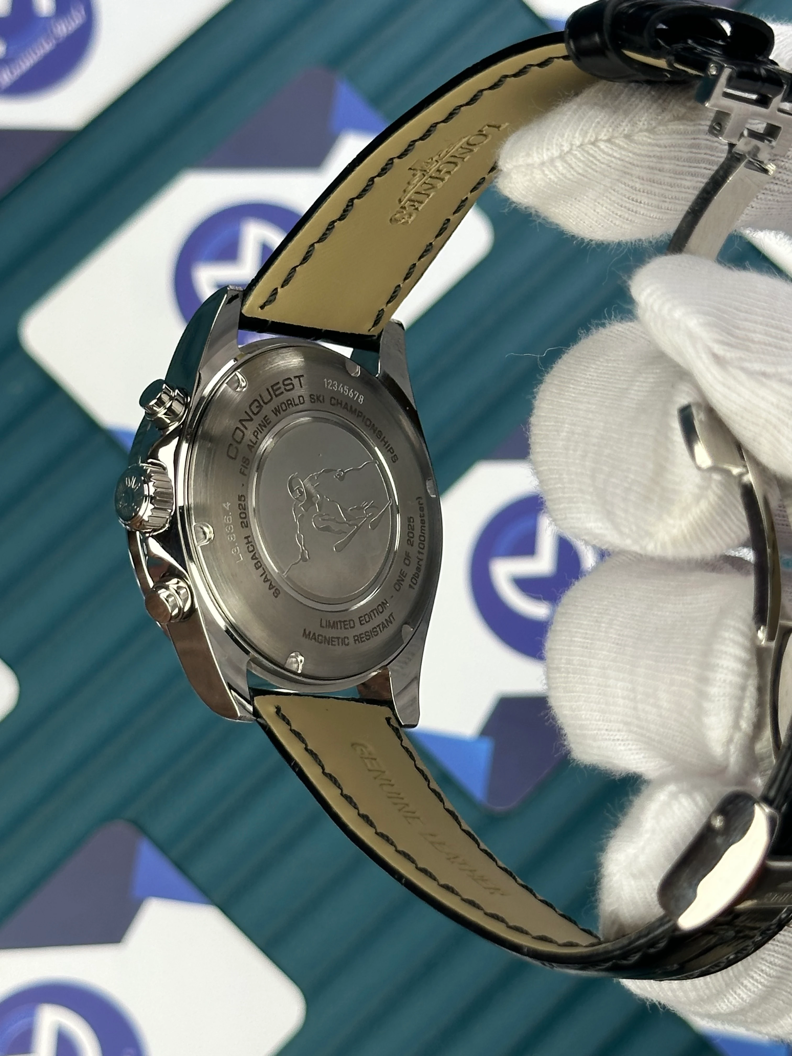 LONGINES CONQUEST CHRONOGRAPH AUTOMATIC GOLD REFLECTED DAYLIGHT DIAL BLACK LEATHER 