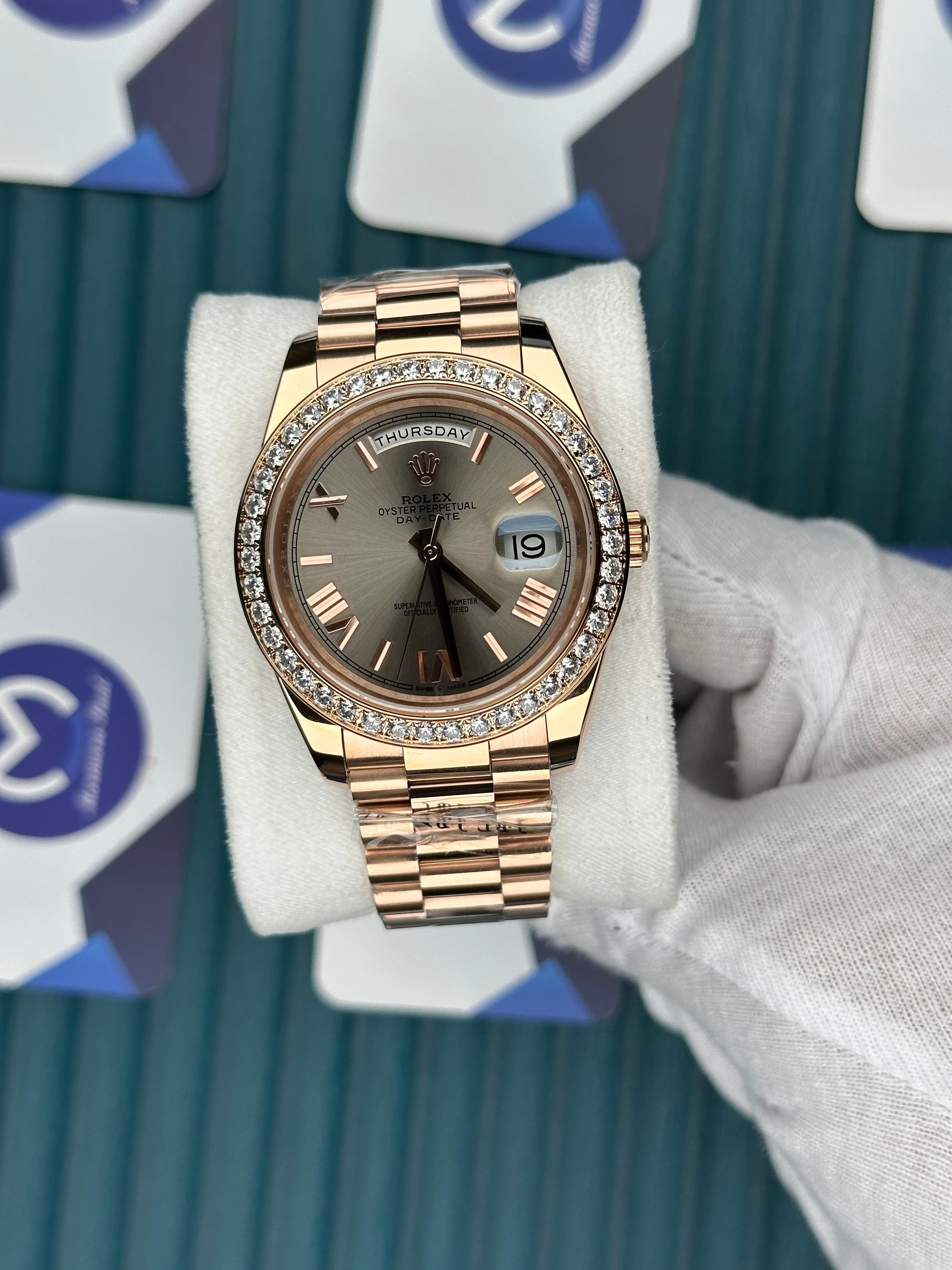 ROLEX DAY-DATE GREY DIAL DIAMOND BEZEL ROSE PRESIDENT