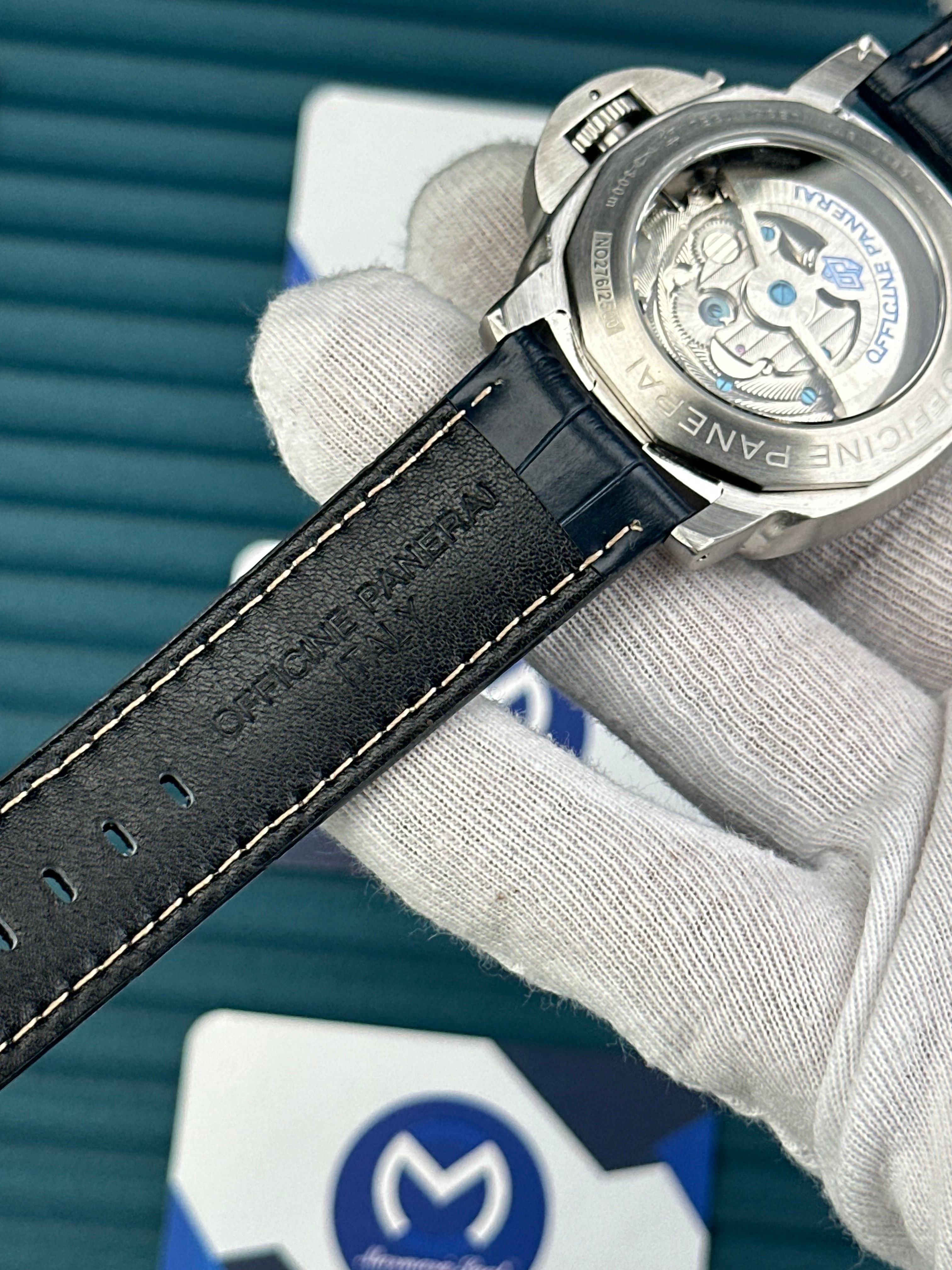 LUMINOR MARINA PANERAI SILVER CASE BLUE DIAL NAVY BLUE LEATHER CORD