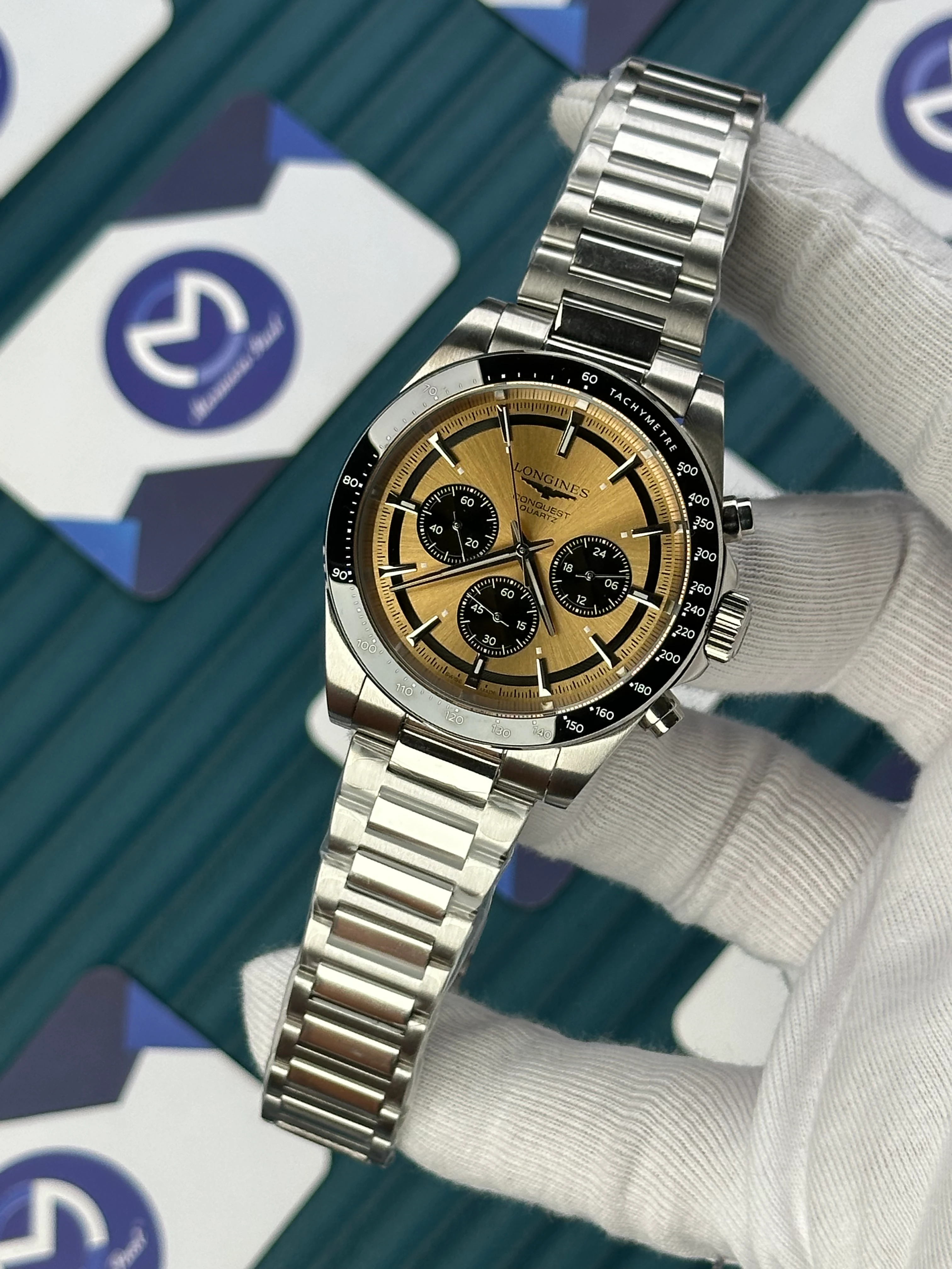 LONGINES CONQUEST CHRONOGRAPH AUTOMATIC GOLDEN REFLECTED SUNLIGHT DIAL SILVER 