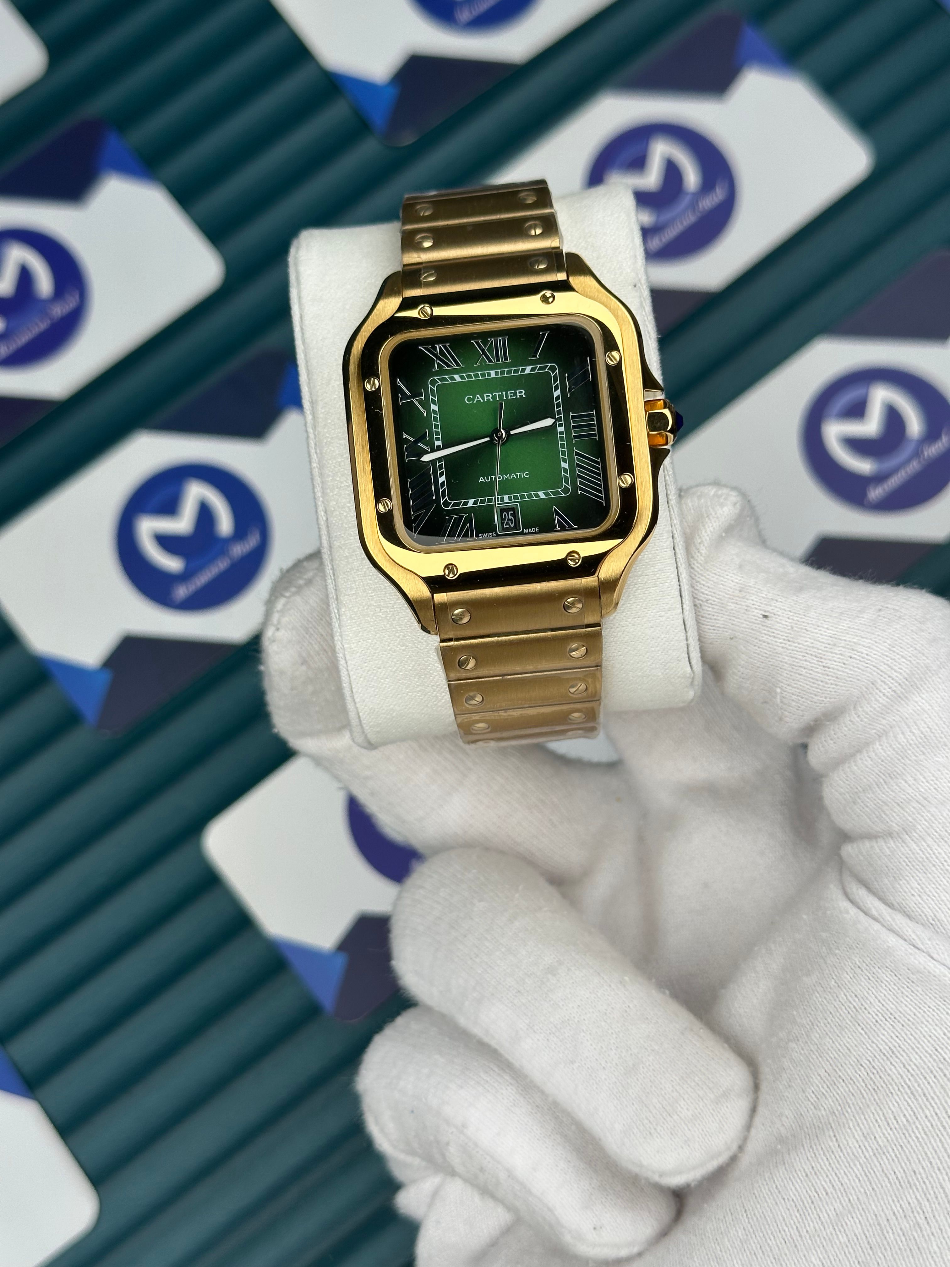 Cartier Santos Gold Kordon Yeşil Kadran
