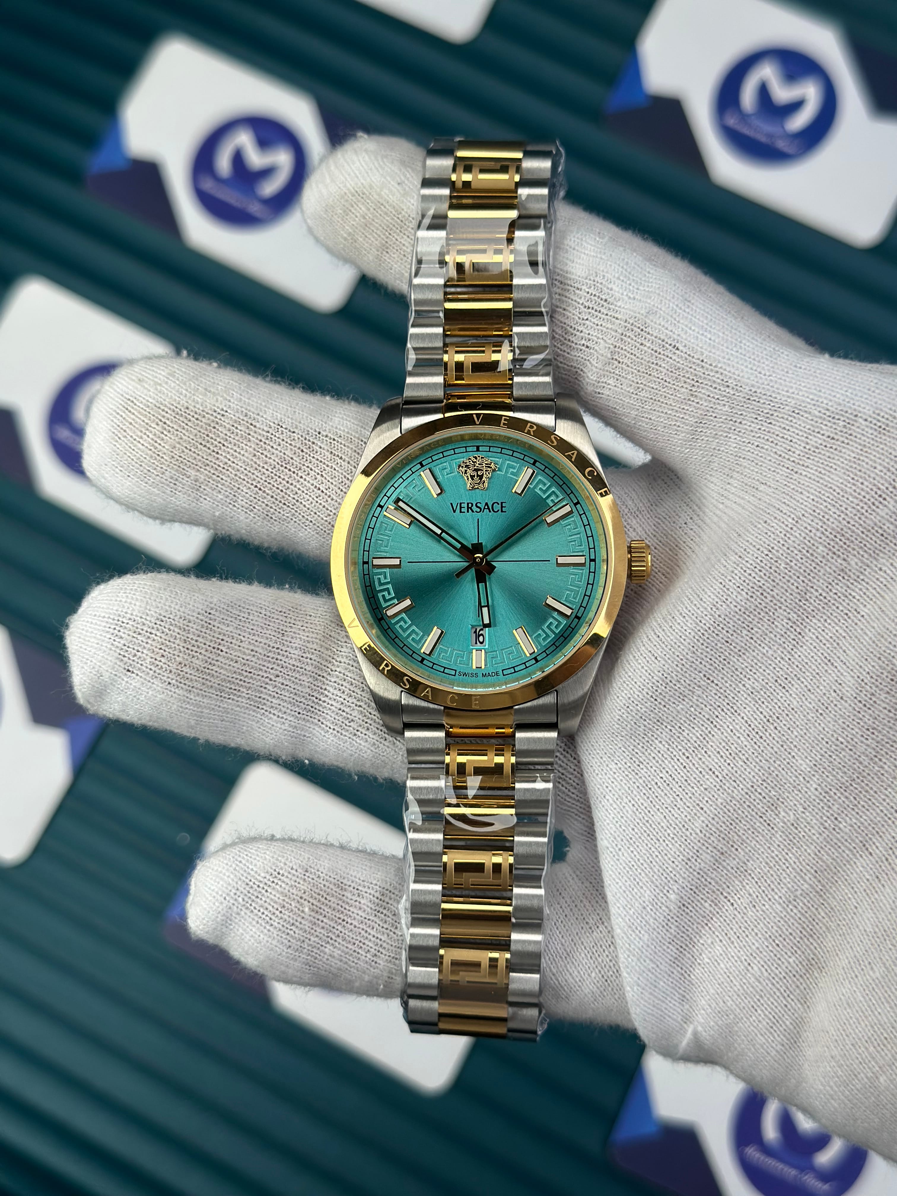 VERSACE NEW TURQUOISE DIAL GOLD-SILVER PRESIDENT