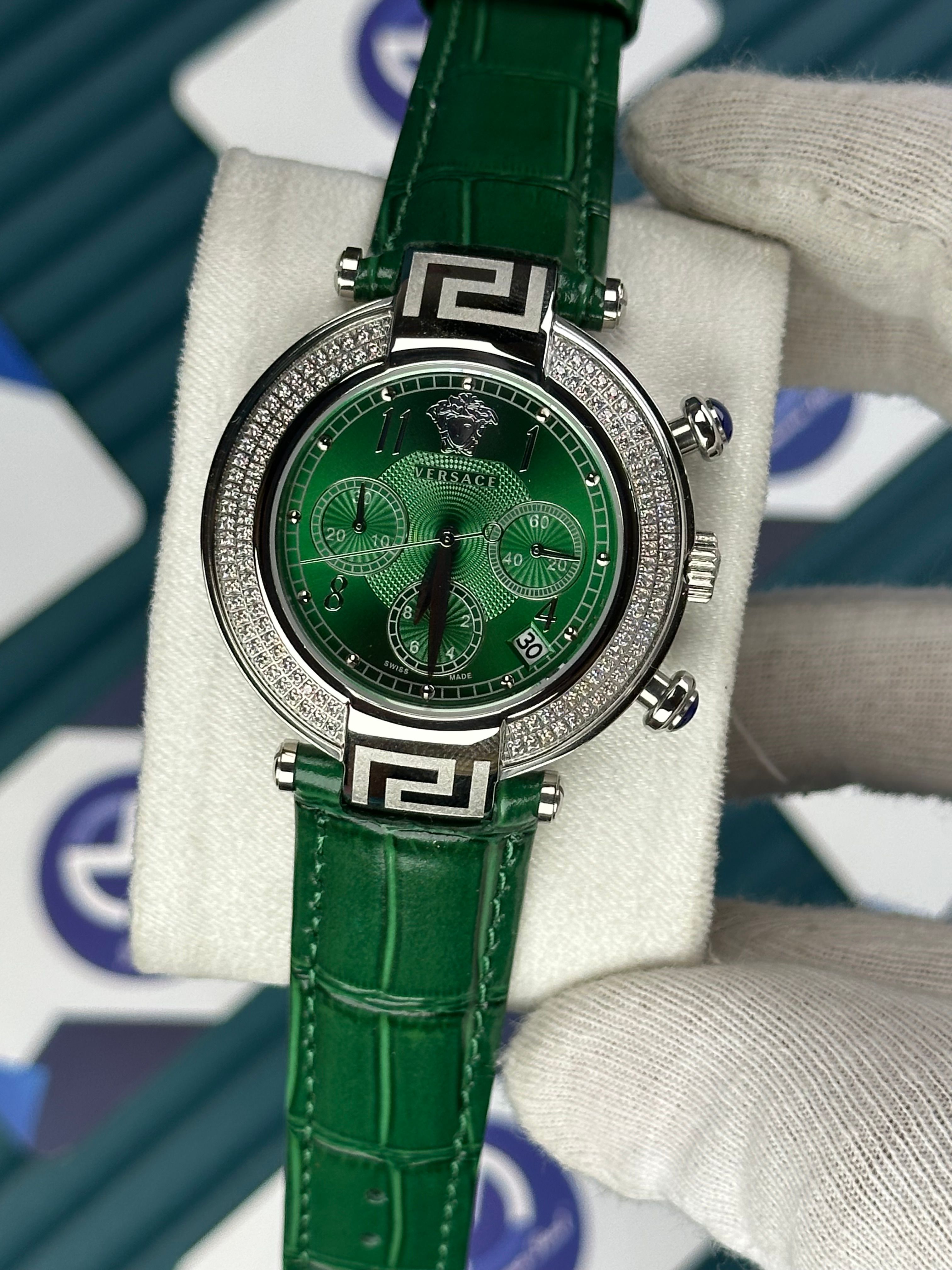 VERSACE 38 GREEN DIAL DIAMOND BEZEL SILVER CASE GREEN LEATHER CORD