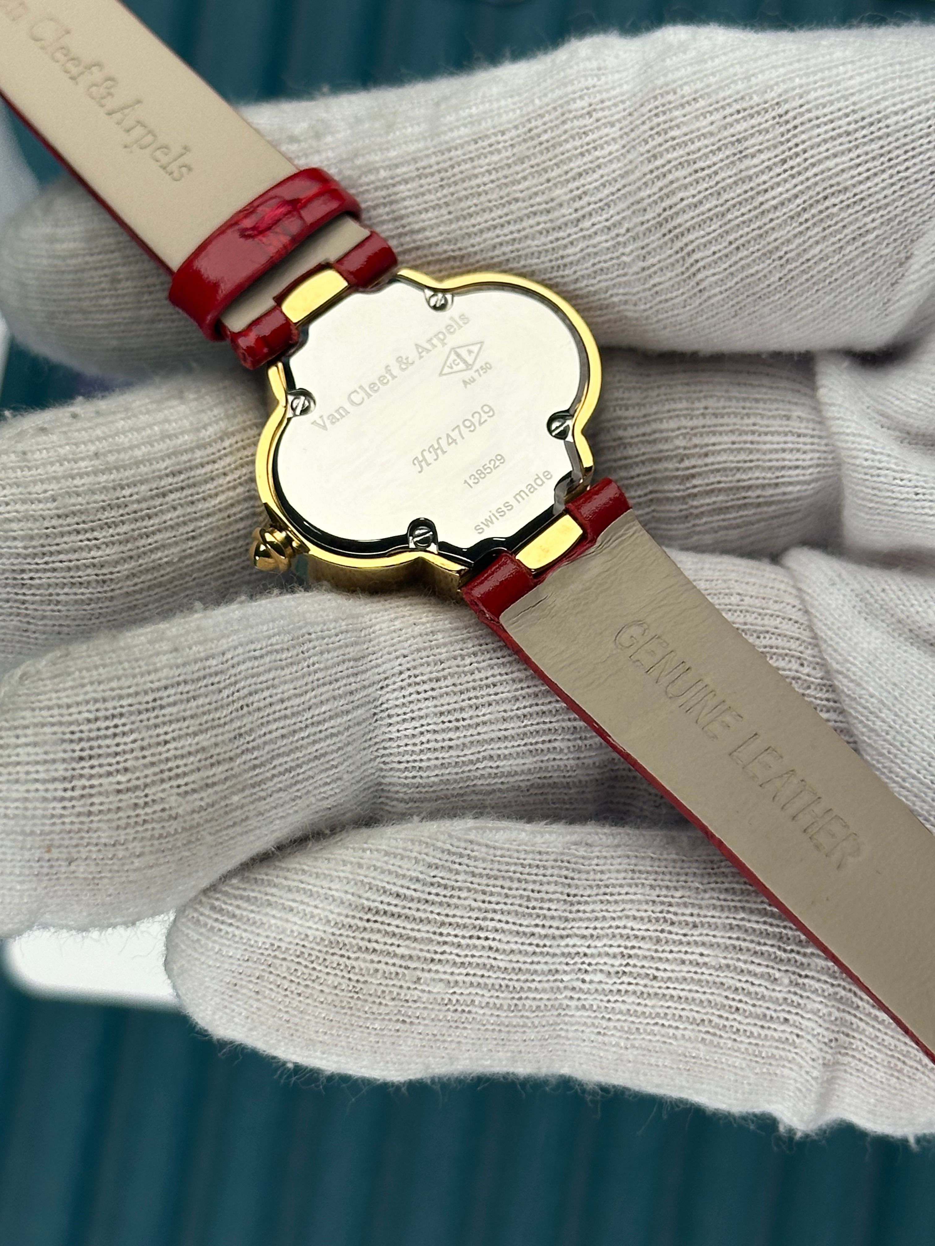 VAN CLEEF & ARPELS WHITE DIAL DIAMOND BEZEL GOLD CASE RED LEATHER CORD