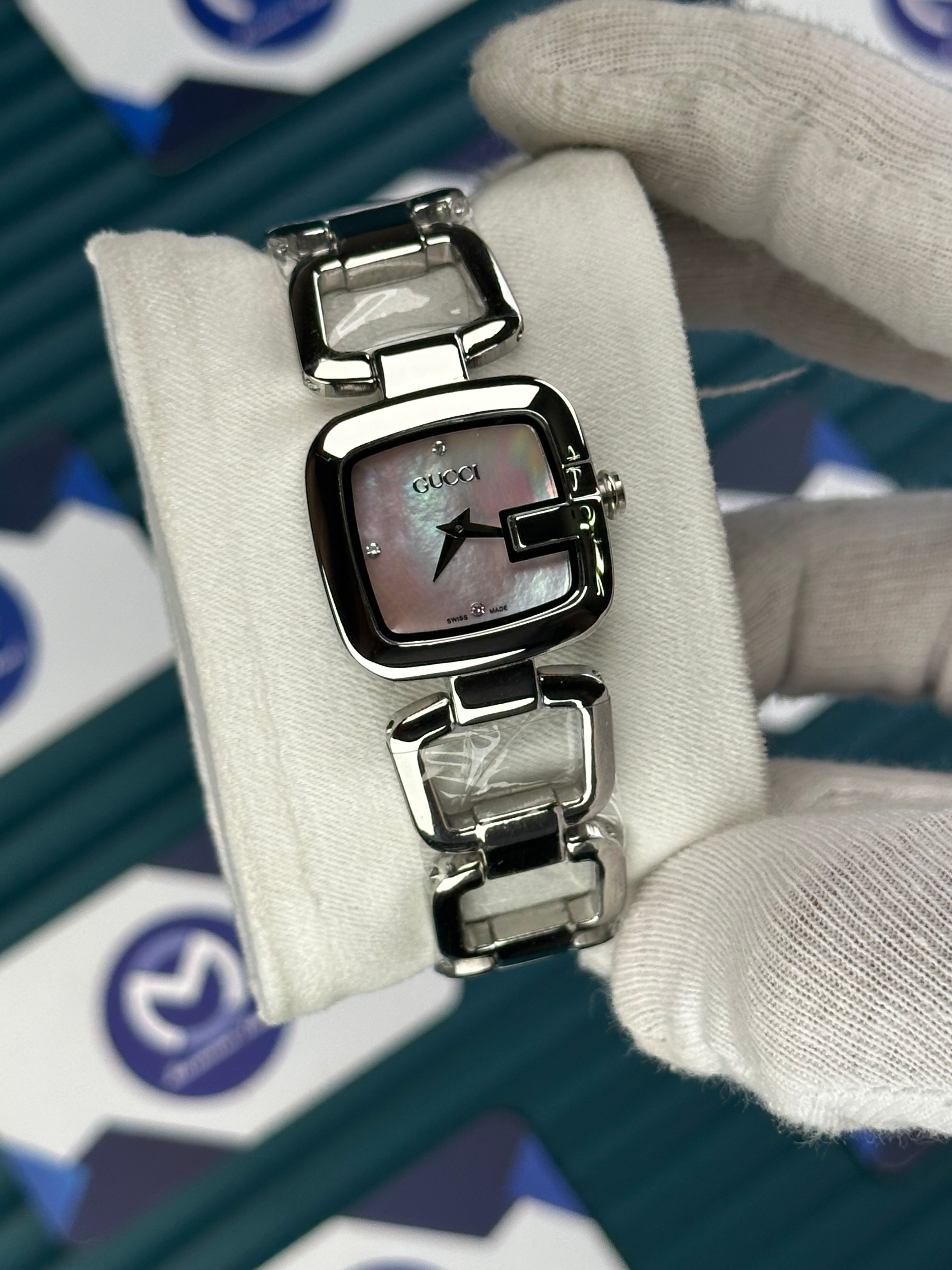 GUCCI WOMAN RING BRACELET PINK WHITE DIAL DIAMOND INDEX SILVER CORD
