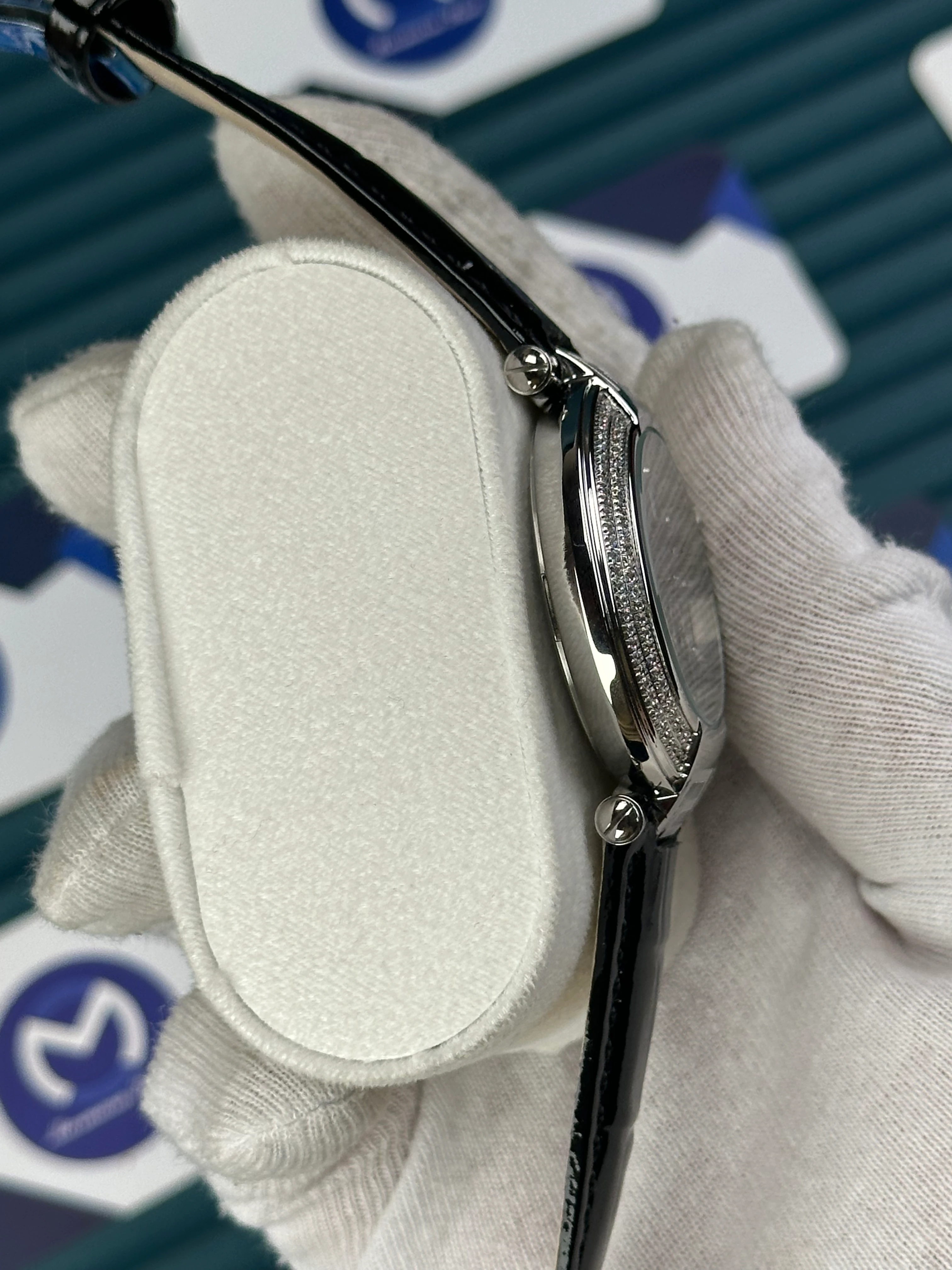 VERSACE 38 BLACK DIAL SILVER CASE DIAMOND BEZEL CHRONOGRAPH BLACK LEATHER CORD