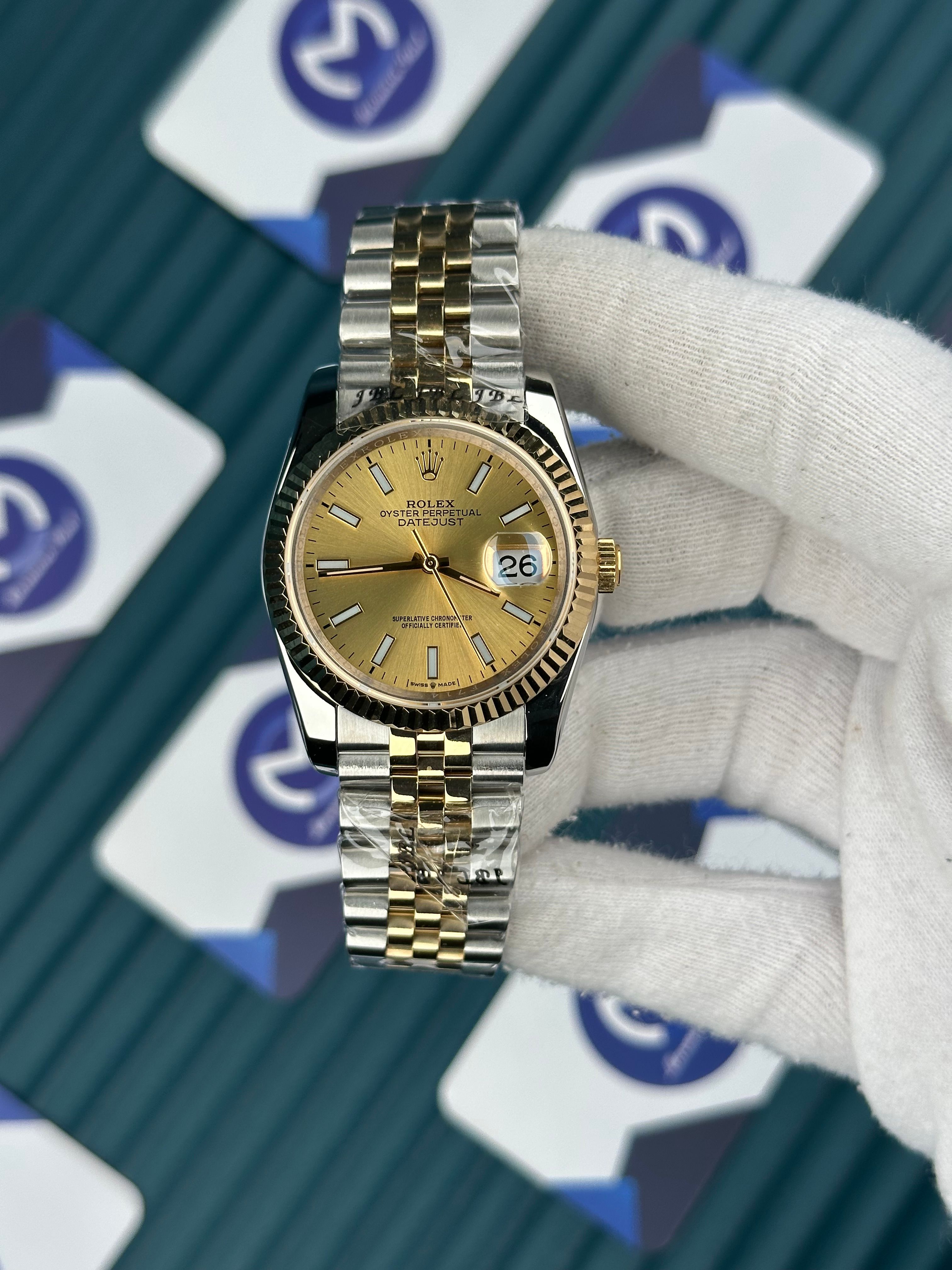 ROLEX 36 GOLD KADRAN DÜZ INDEX GOLD-SILVER JUBILEE