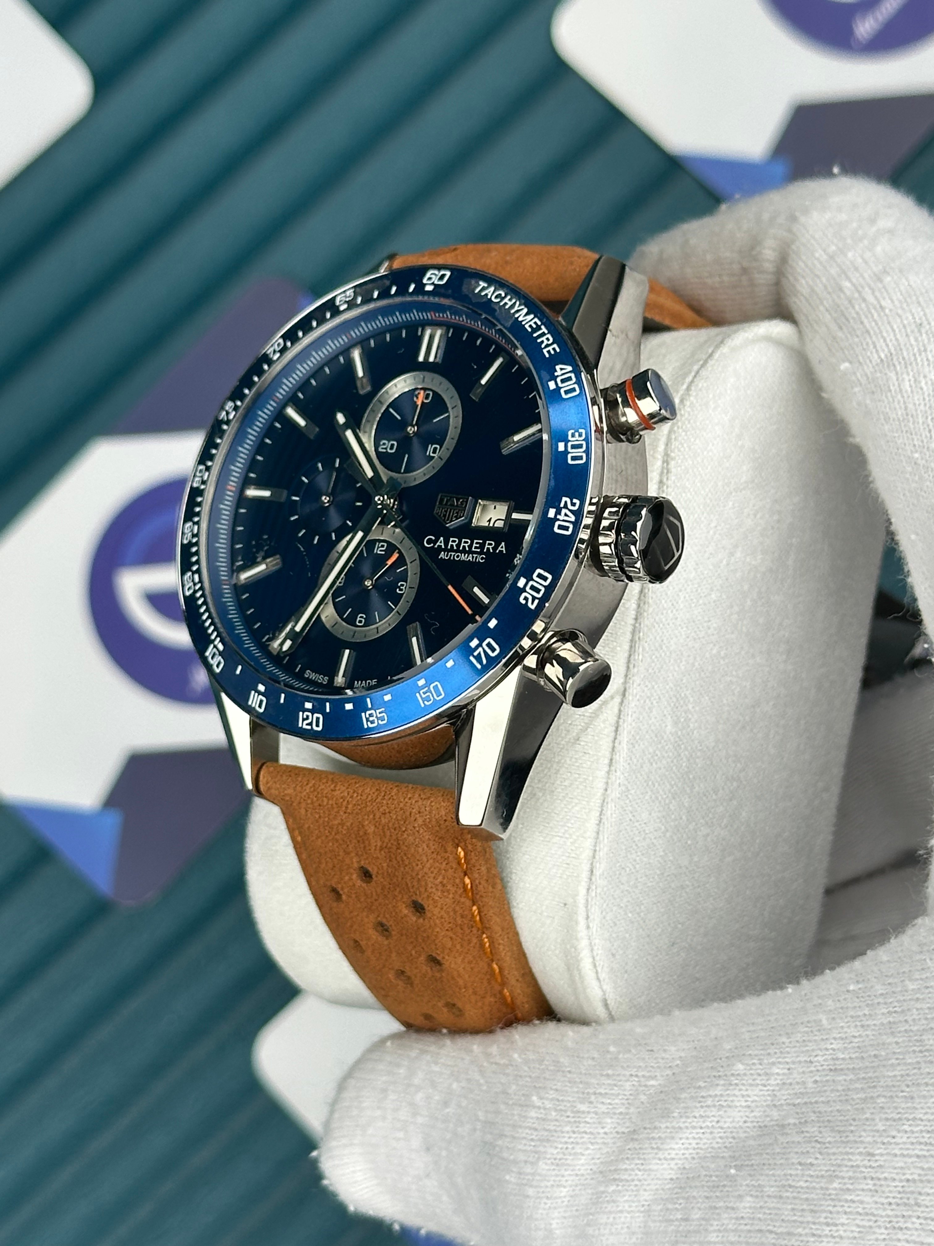Tagheuer Carrera Mavi Kadran Kahverengi Deri Kordon