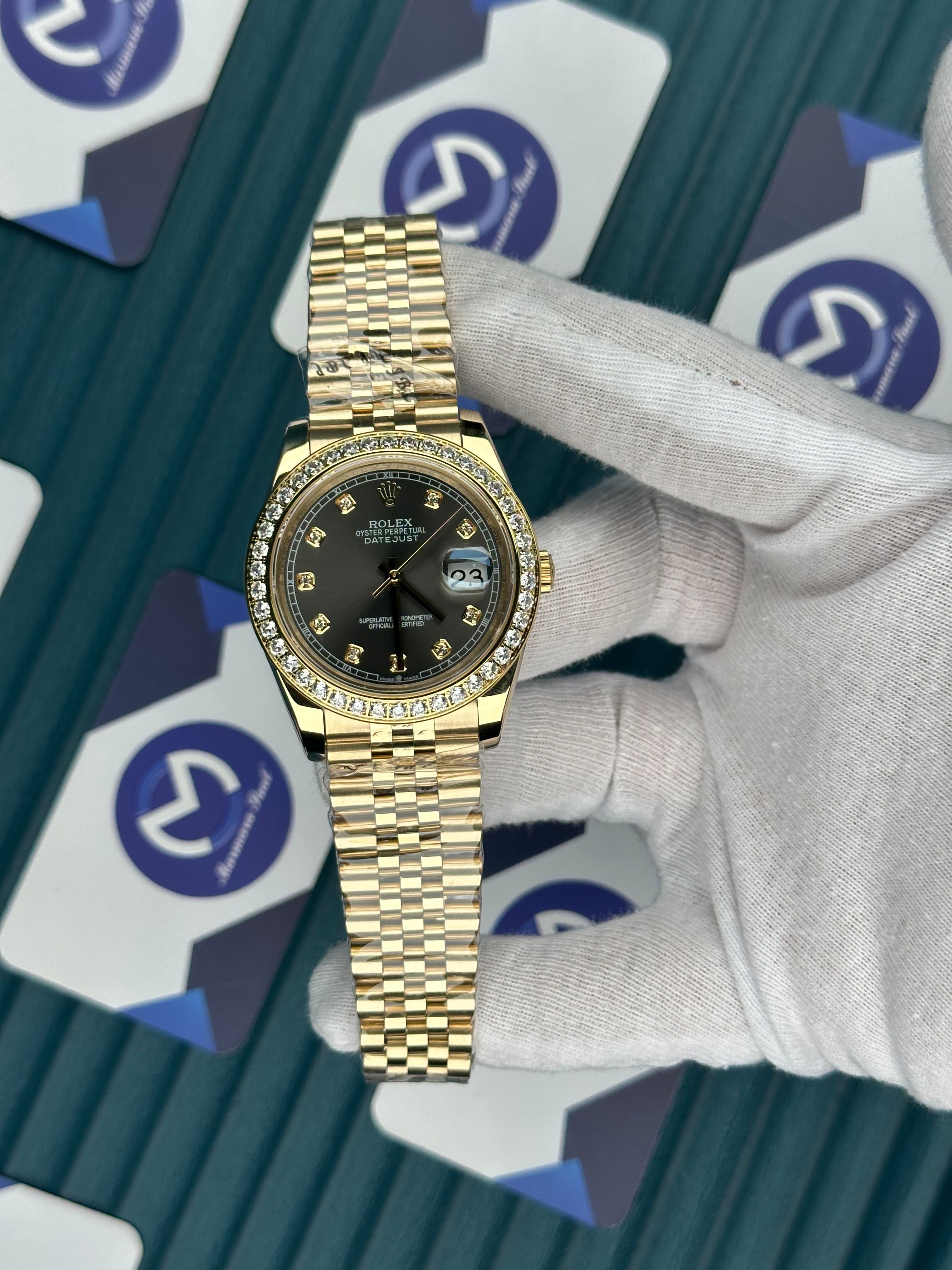 ROLEX DATEJUST GREY DIAL DIAMOND BEZEL GOLD JUBILE