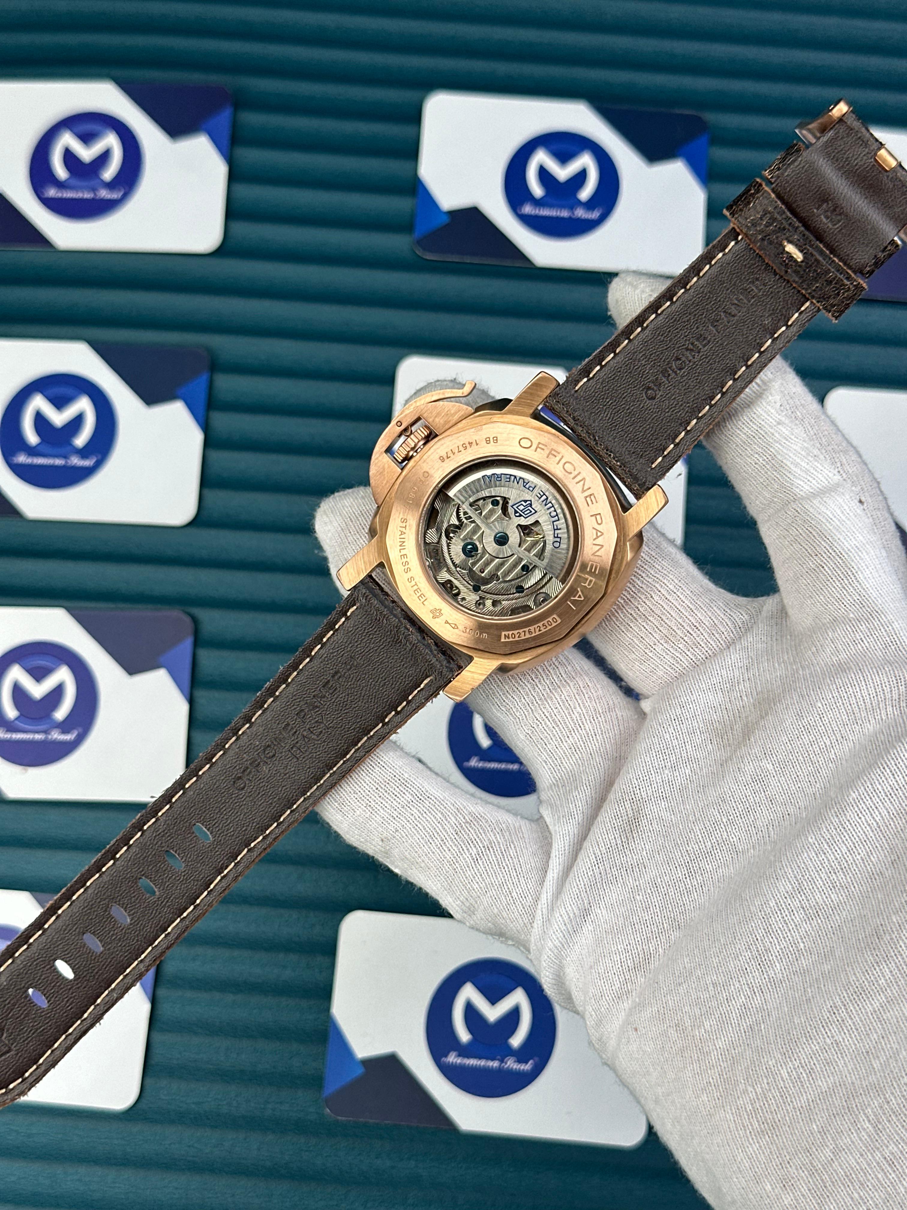 LUMINOR SUBMERSIBLE PANERAI GREEN DIAL ROSE CASE BROWN LEATHER CORD