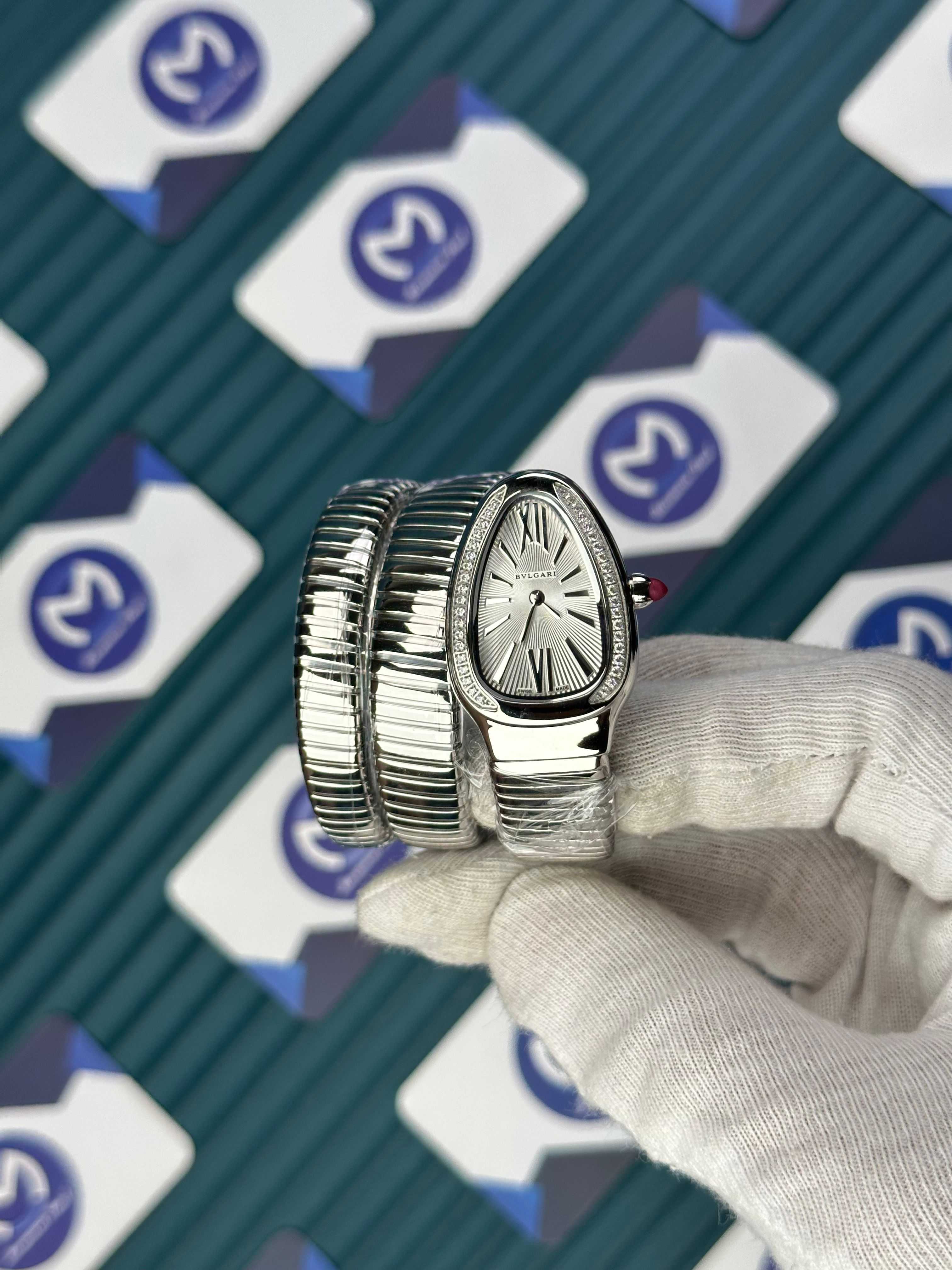 BVLGARI SERPENTI WHITE DIAL DIAMOND BEZEL SILVER LONG TUBOGAS