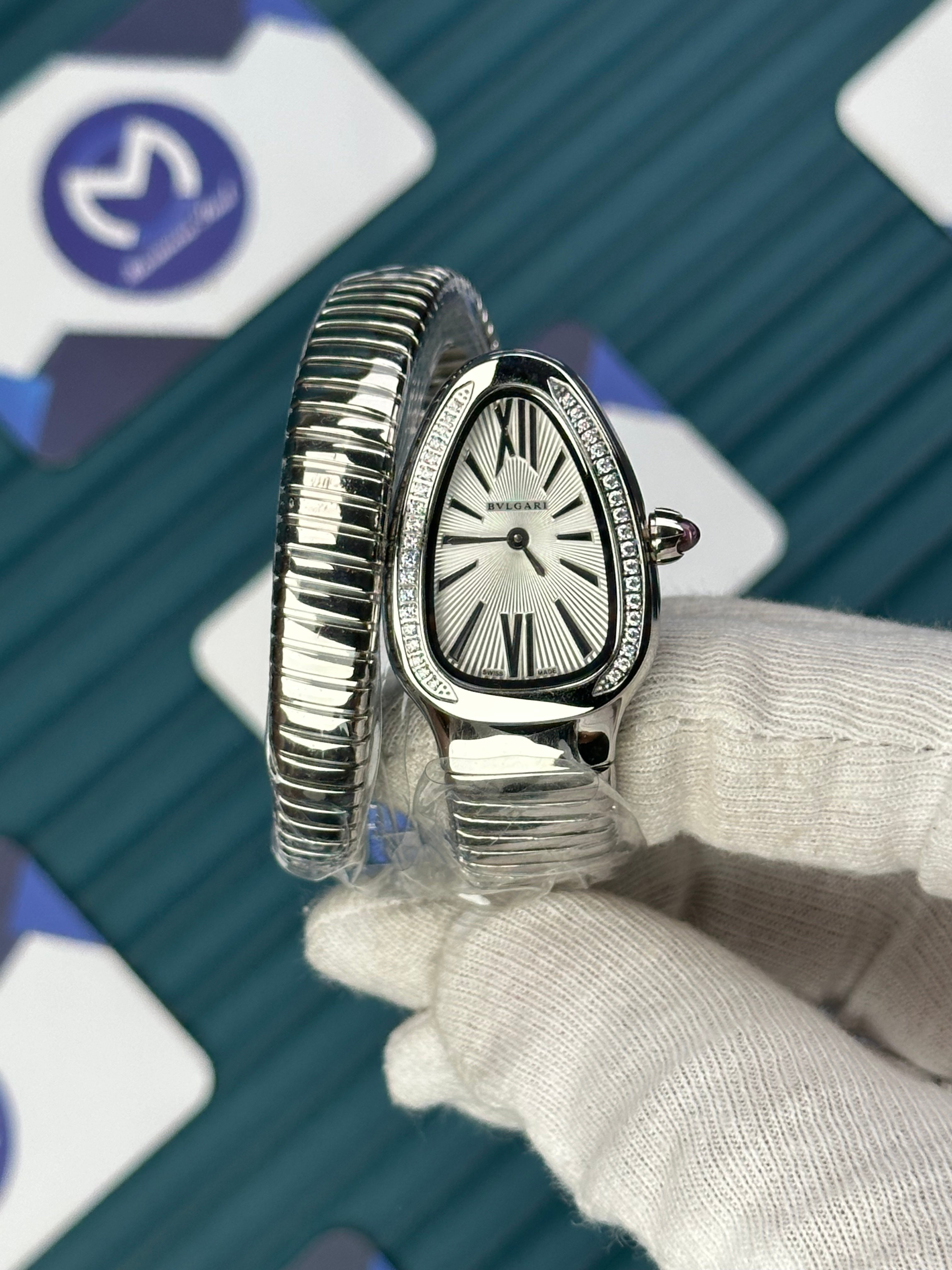 BVLGARI SERPENTI WHITE DIAL DIAMOND BEZEL SILVER SHORT TUBOGAS 