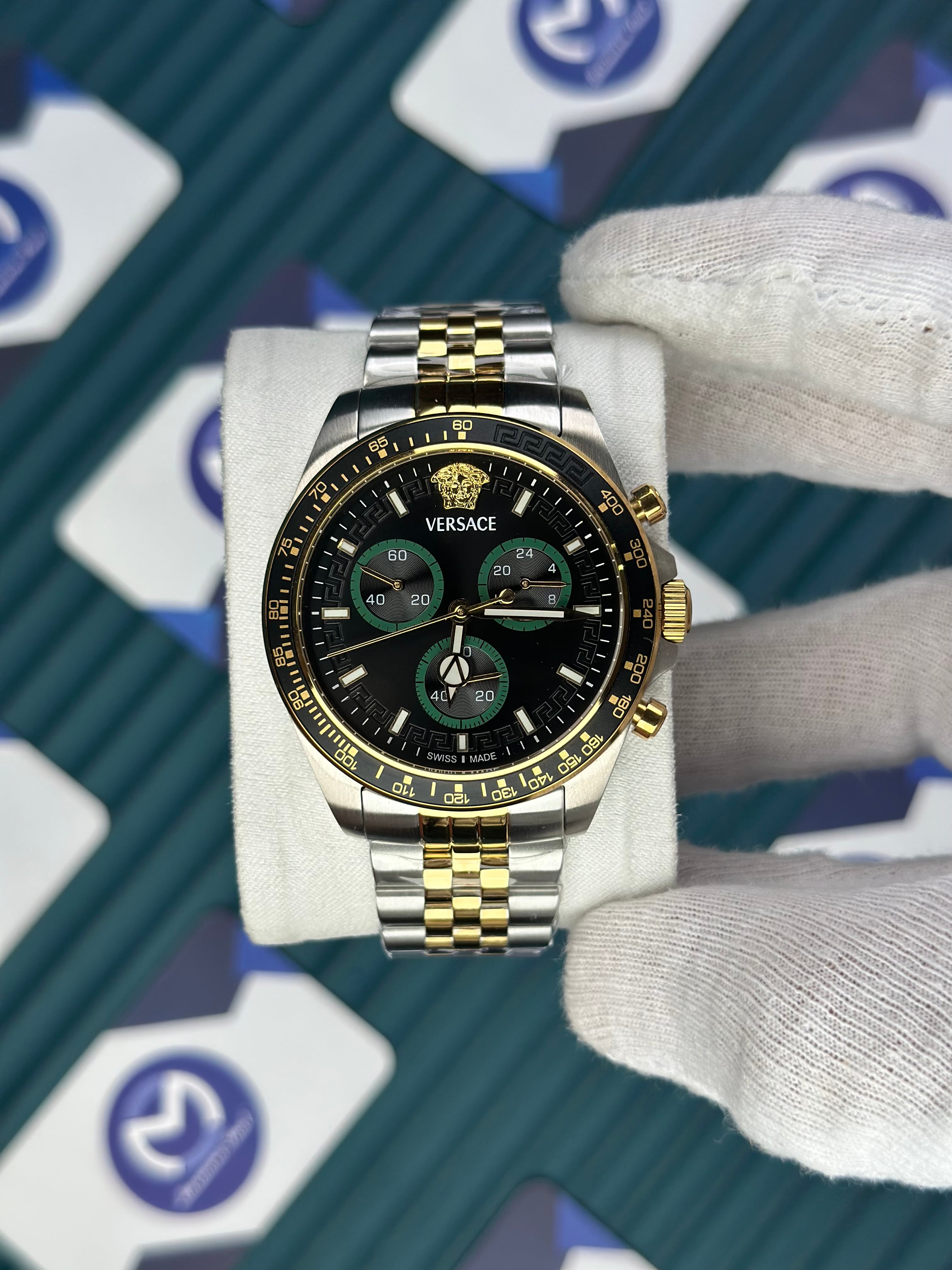 VERSACE NEW BLACK DIAL CHRONOGRAPH GOLD-SILVER JUBILE