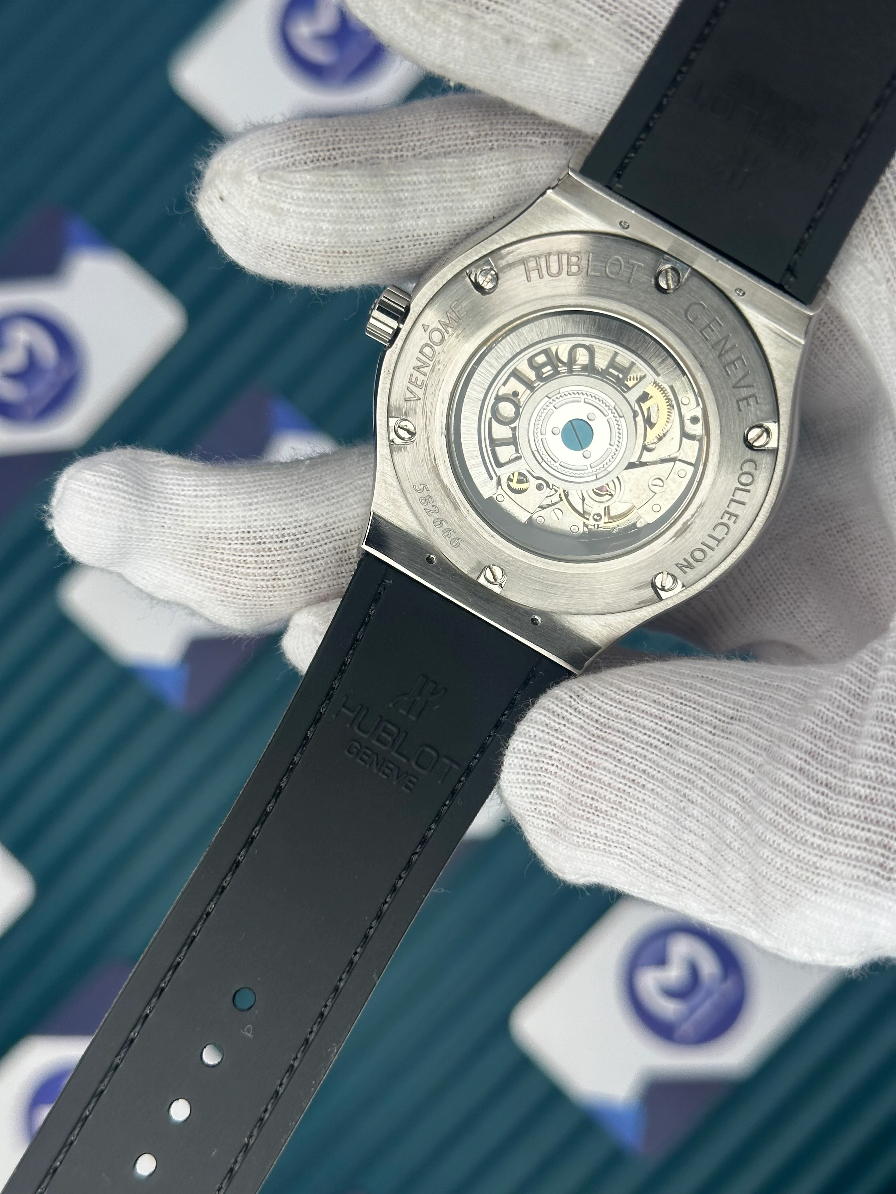 HUBLOT GENEVE AUTOMATIC GREEN DIAL GREY CASE GREEN LEATHER CORD 