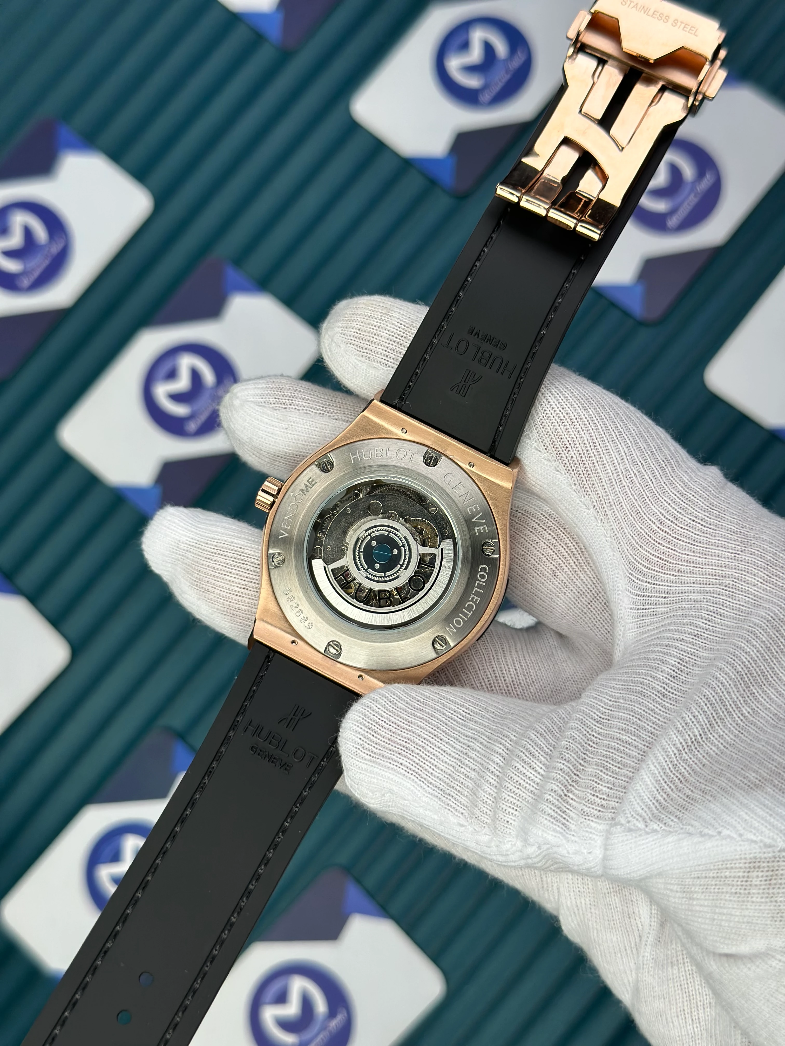 HUBLOT GENEVE AUTOMATIC VENDOME BLACK DIAL ROSE CASE BLACK LEATHER CORD 