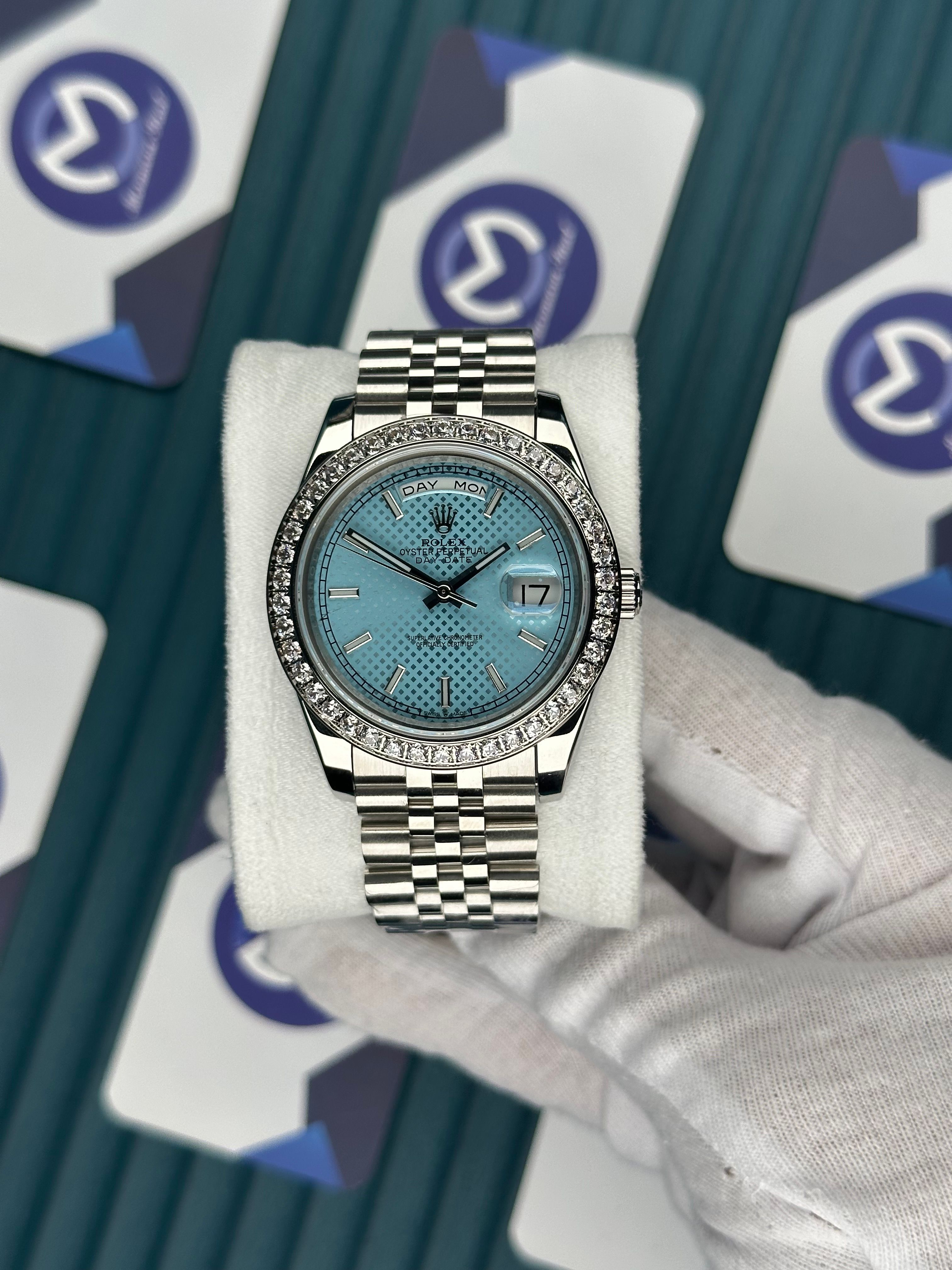 ROLEX DAY-DATE TIFFANY MOZAIK DIAL DIAMOND BEZEL SILVER JUBILE