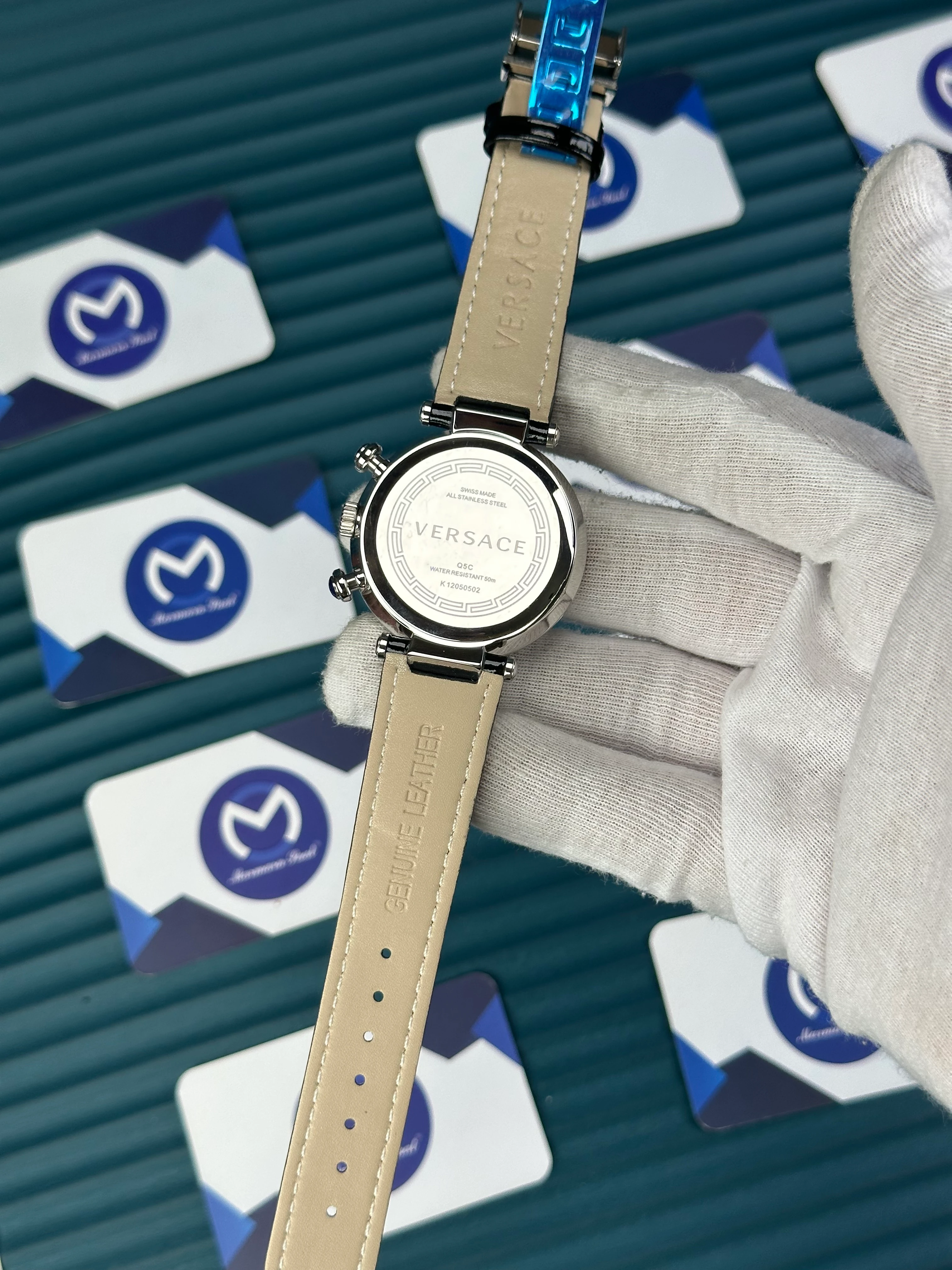 VERSACE 38 BLACK DIAL SILVER CASE DIAMOND BEZEL CHRONOGRAPH BLACK LEATHER CORD